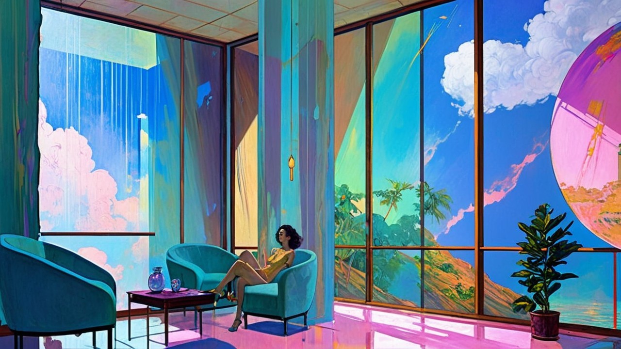 Futuristic Interior with Woman in Plush Teal Chair