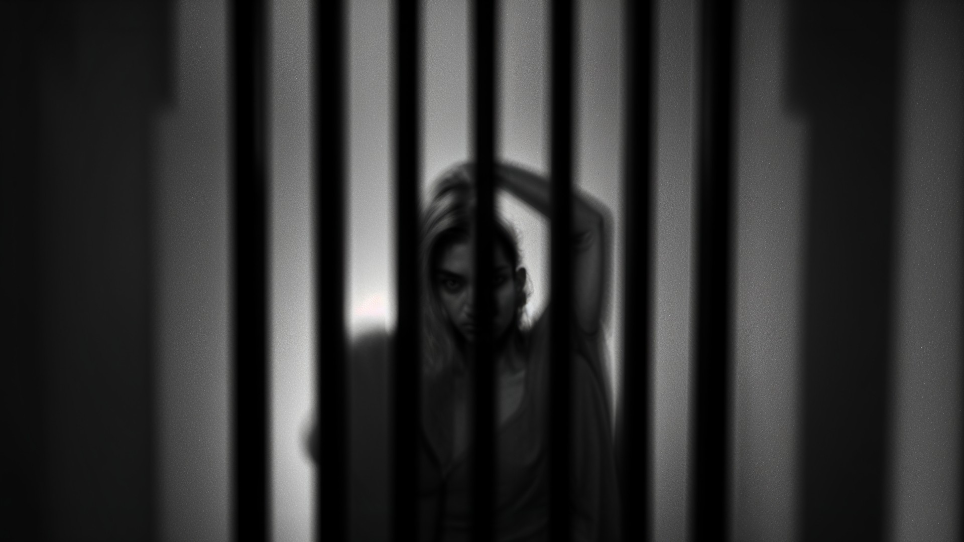Figure Behind Vertical Bars in Soft Dramatic Lighting
