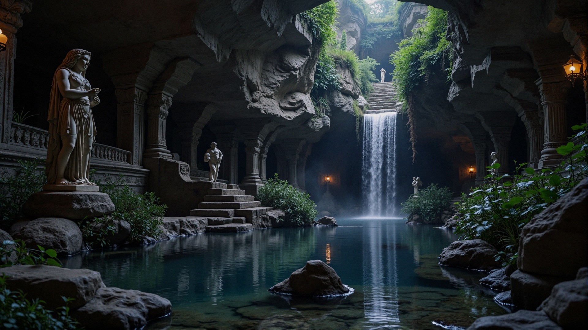 Serene Underground Cavern with Tranquil Pool and Waterfall