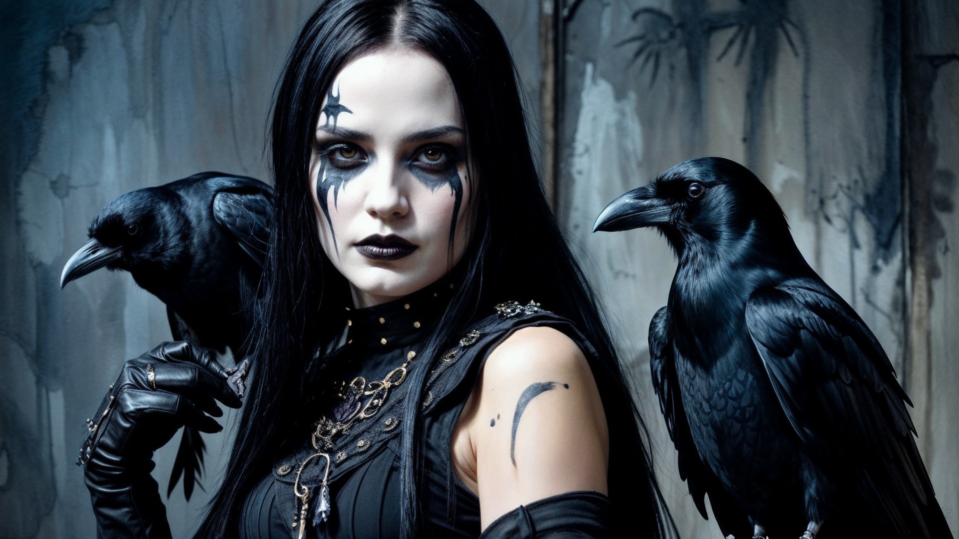 Striking figure in black attire with ravens in dark setting