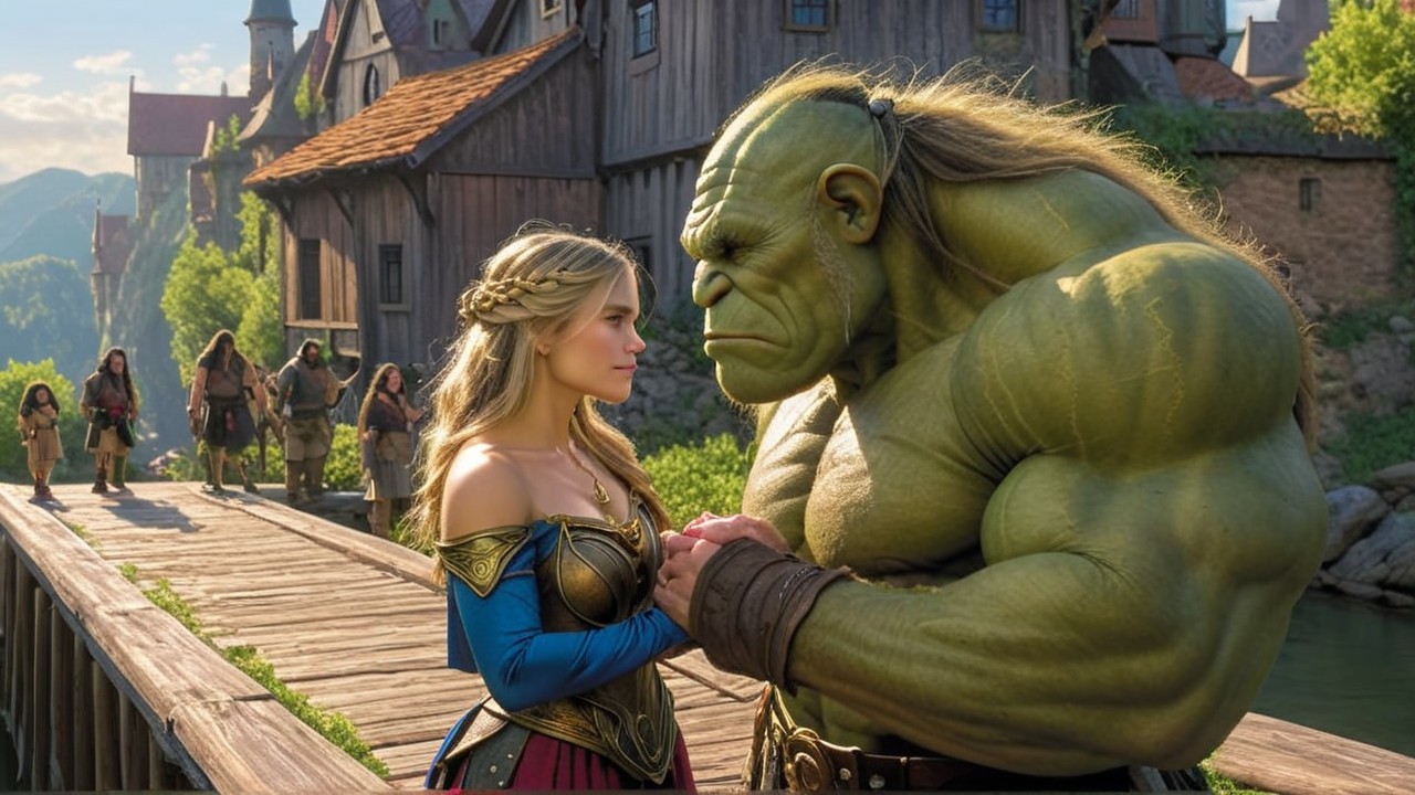 Orc and Woman Share Moment in Enchanting Village Scene