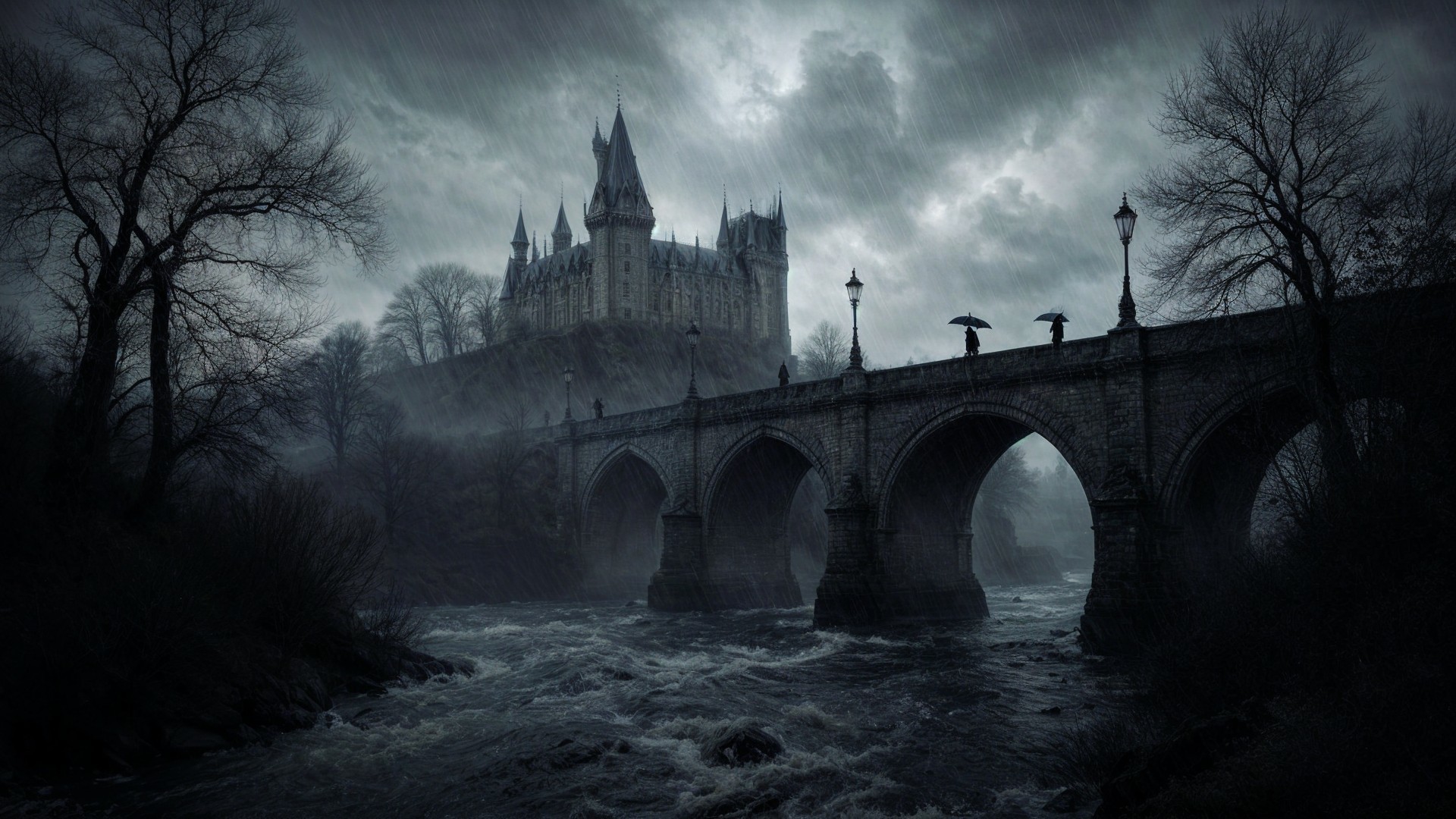 Dark Castle Scene with Mist and Turbulent River