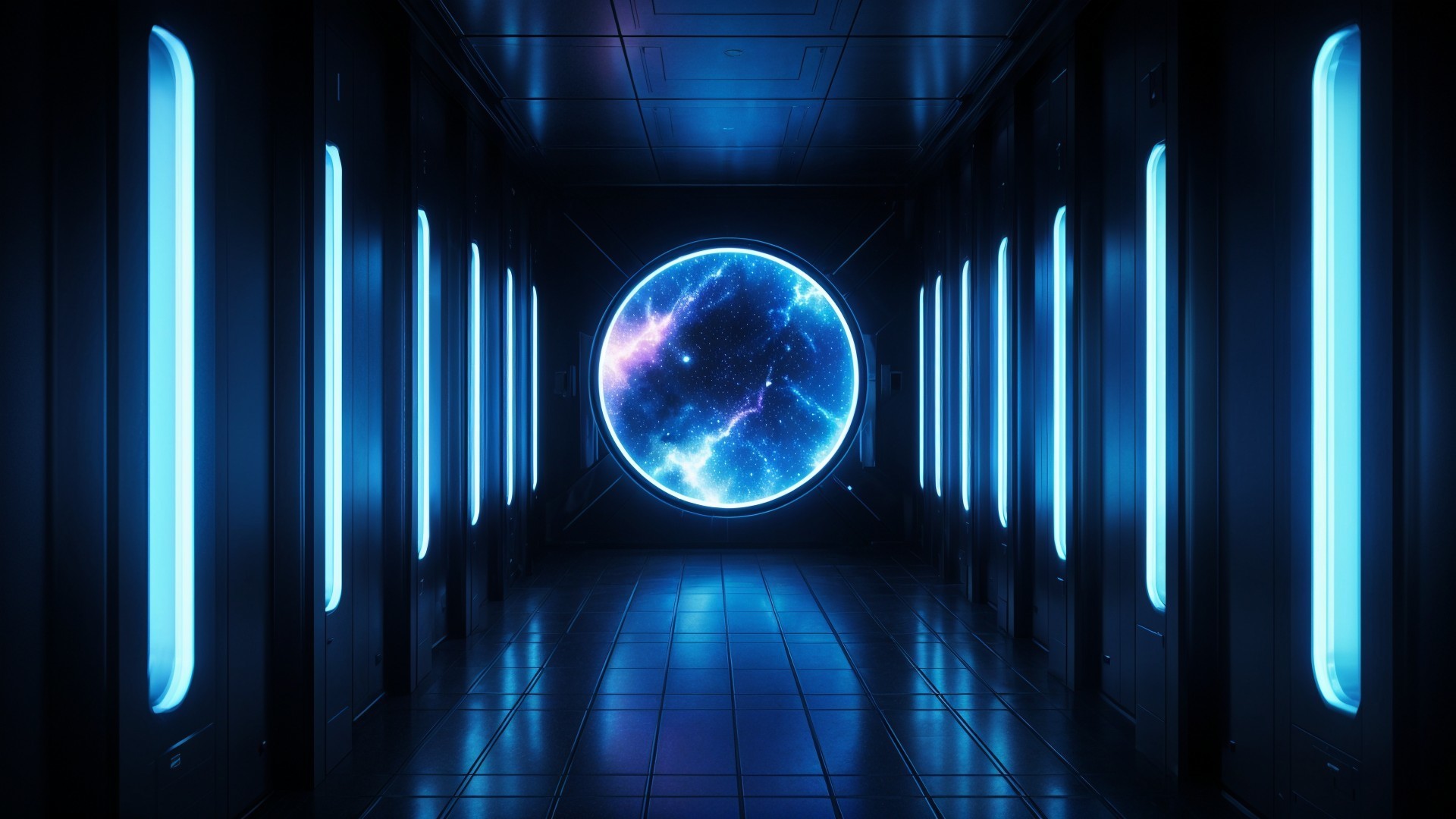 Futuristic corridor with glowing blue lights and portal