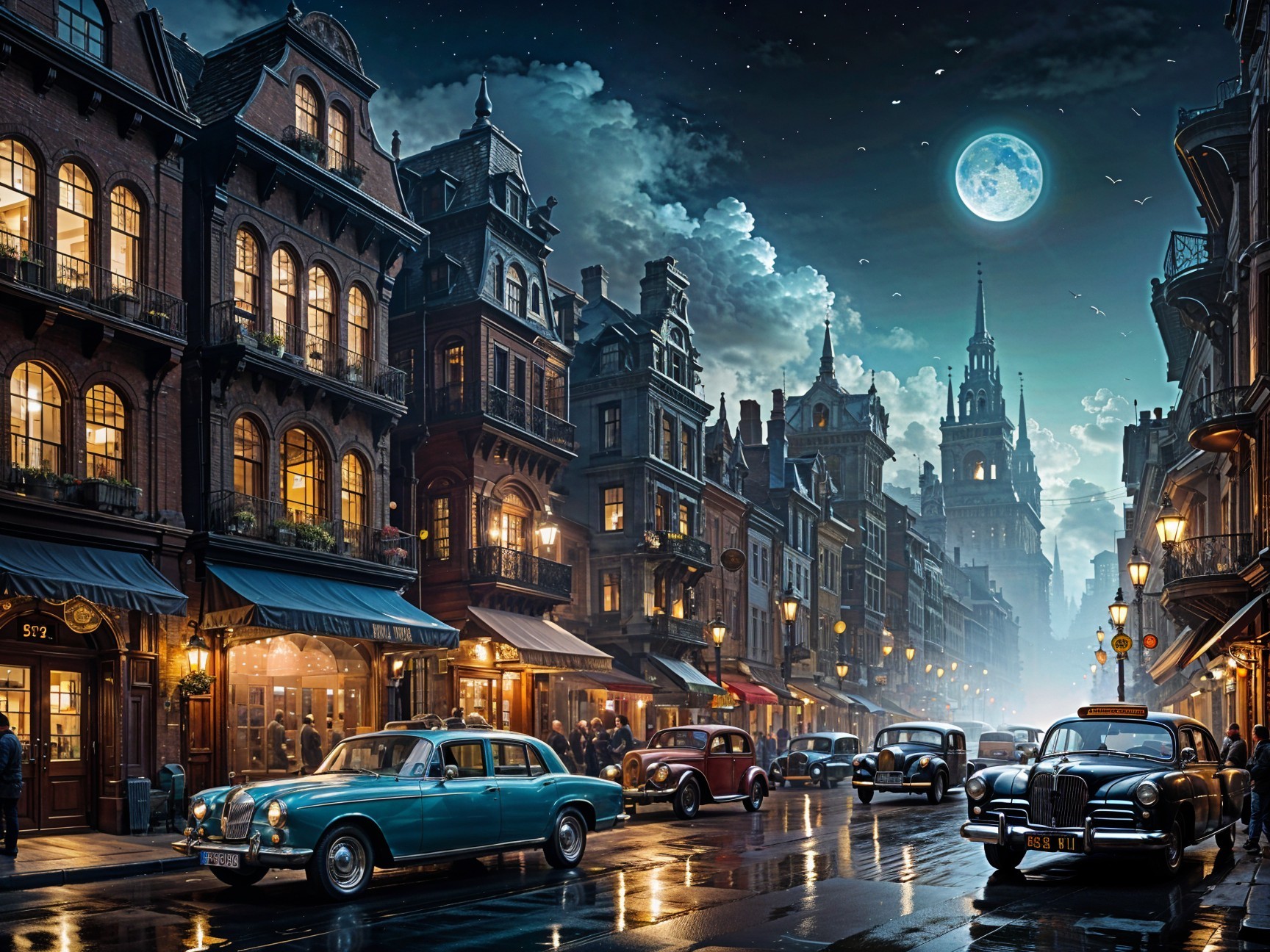 Moonlit Vintage Street Scene with Elegant Architecture
