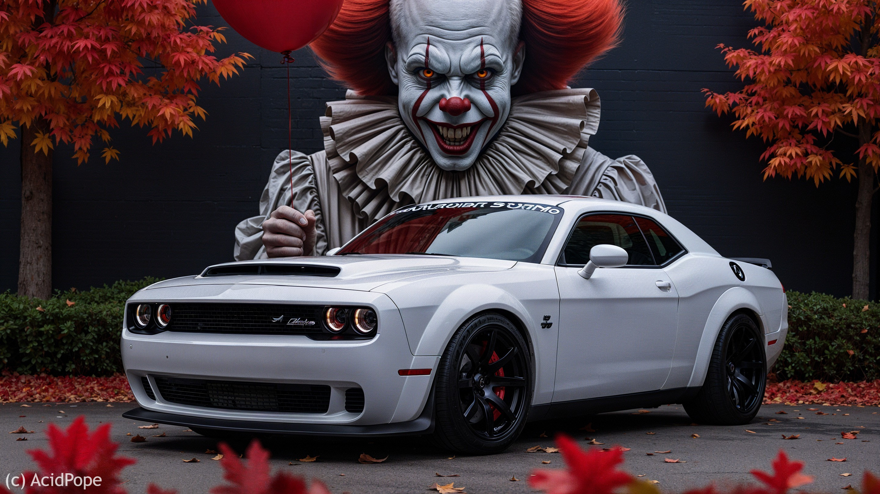 White Muscle Car and Clown Mural in Autumn Setting
