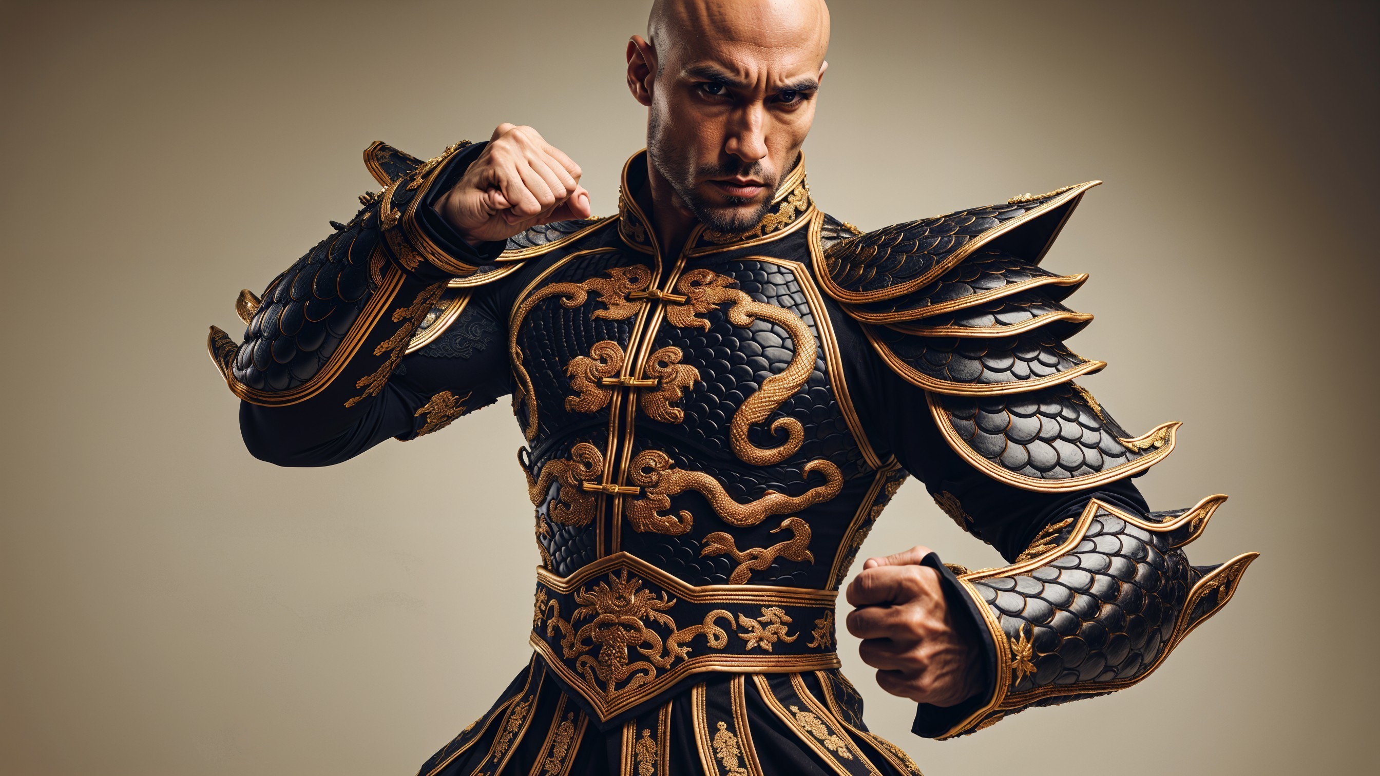 Fierce Warrior in Intricate Golden Armor Design