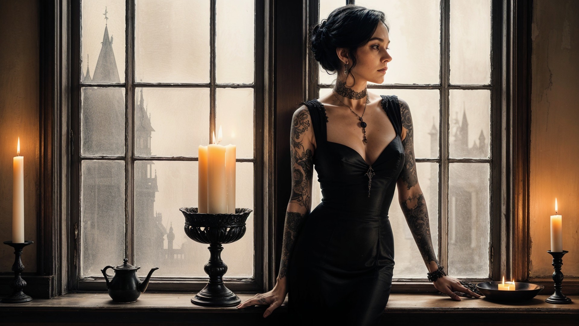 Elegant Woman in Black Gown by Gothic Window