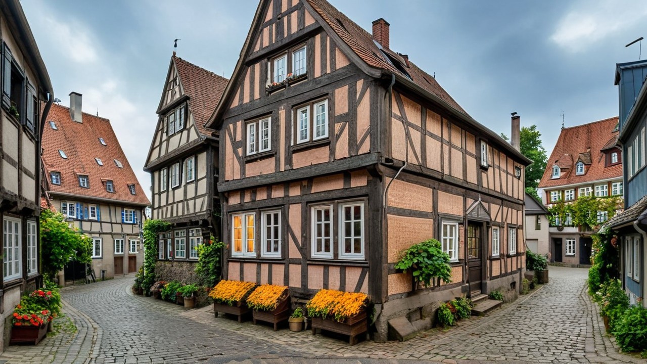 Quaint Half-Timbered Houses on Cobblestone Street
