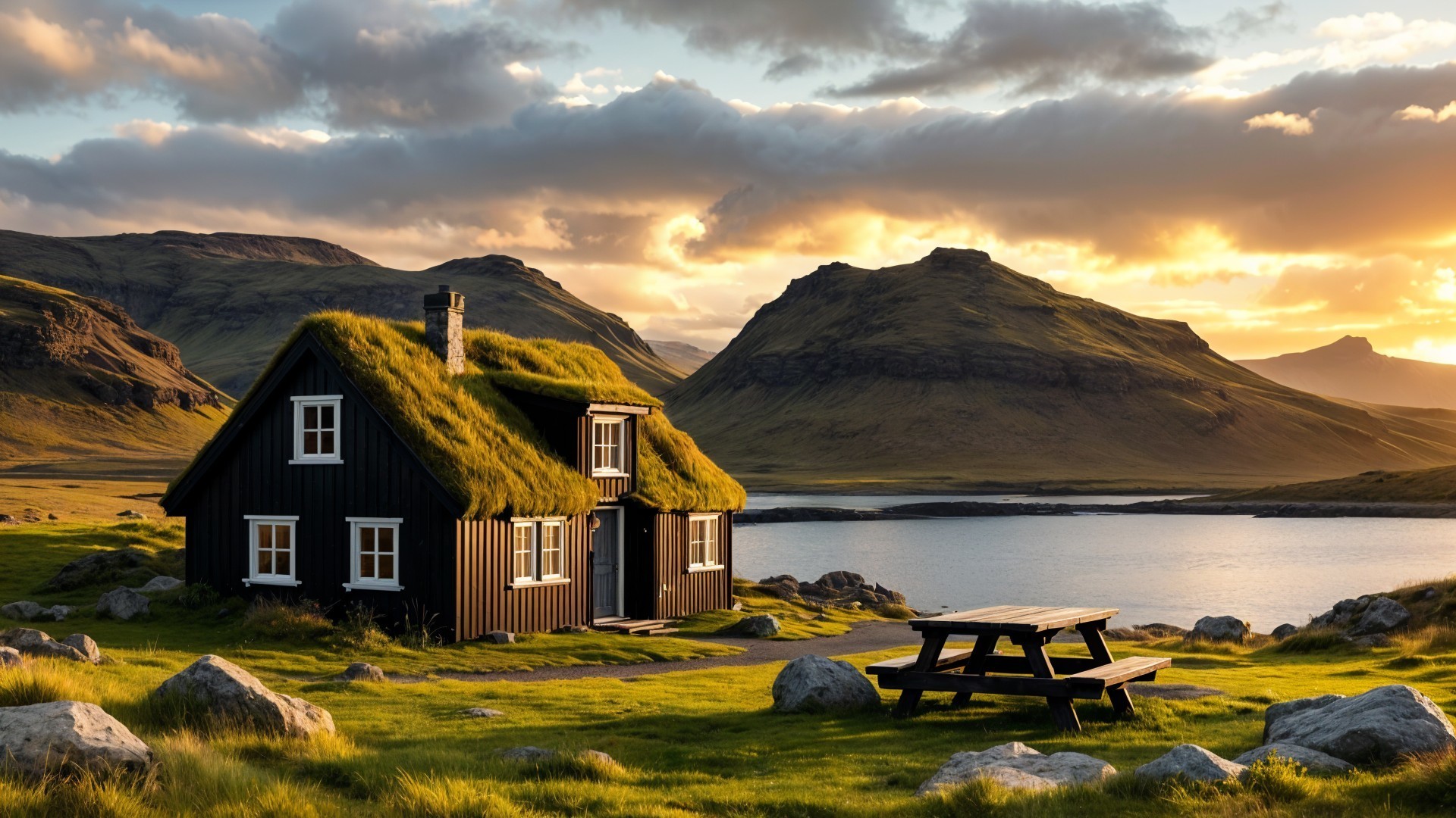 Black Wooden Cottage by Tranquil Lake at Sunset