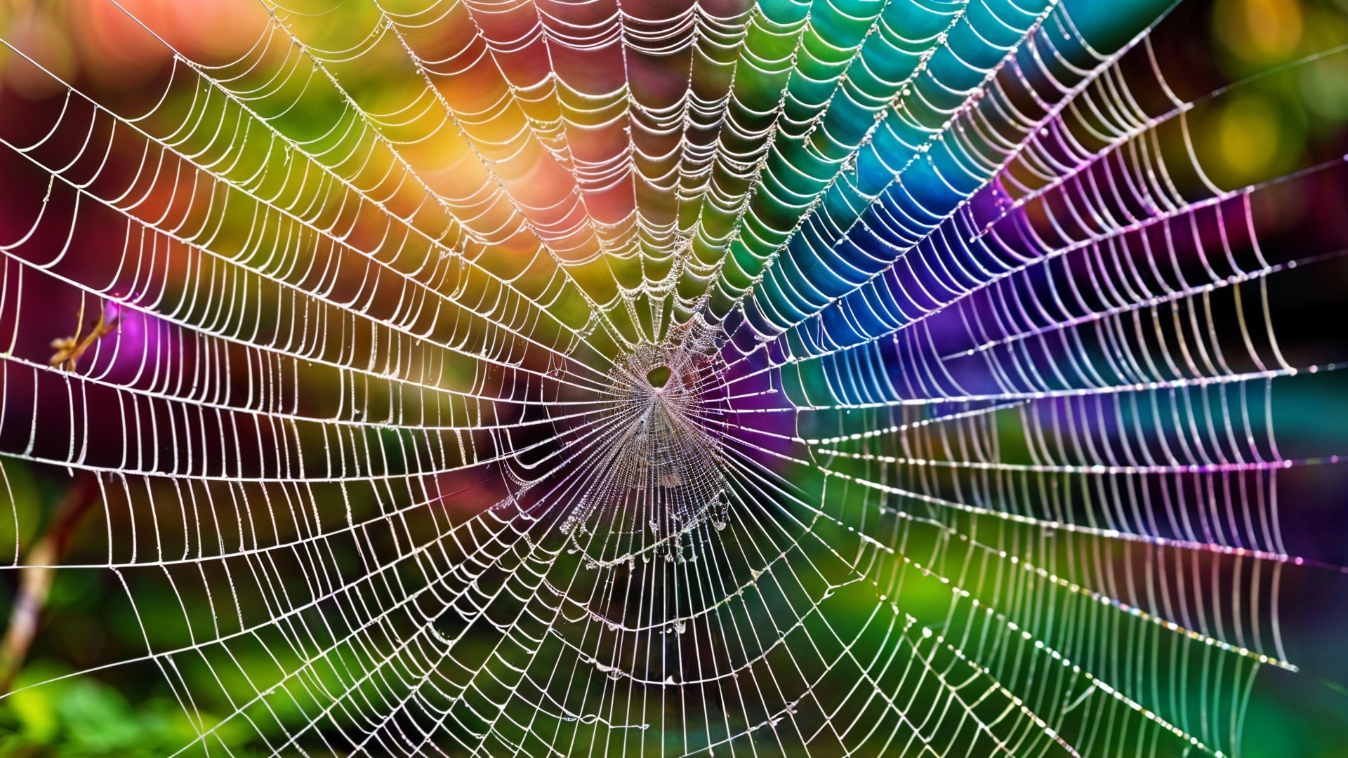 Close-Up of Dewy Spiderweb with Colorful Background