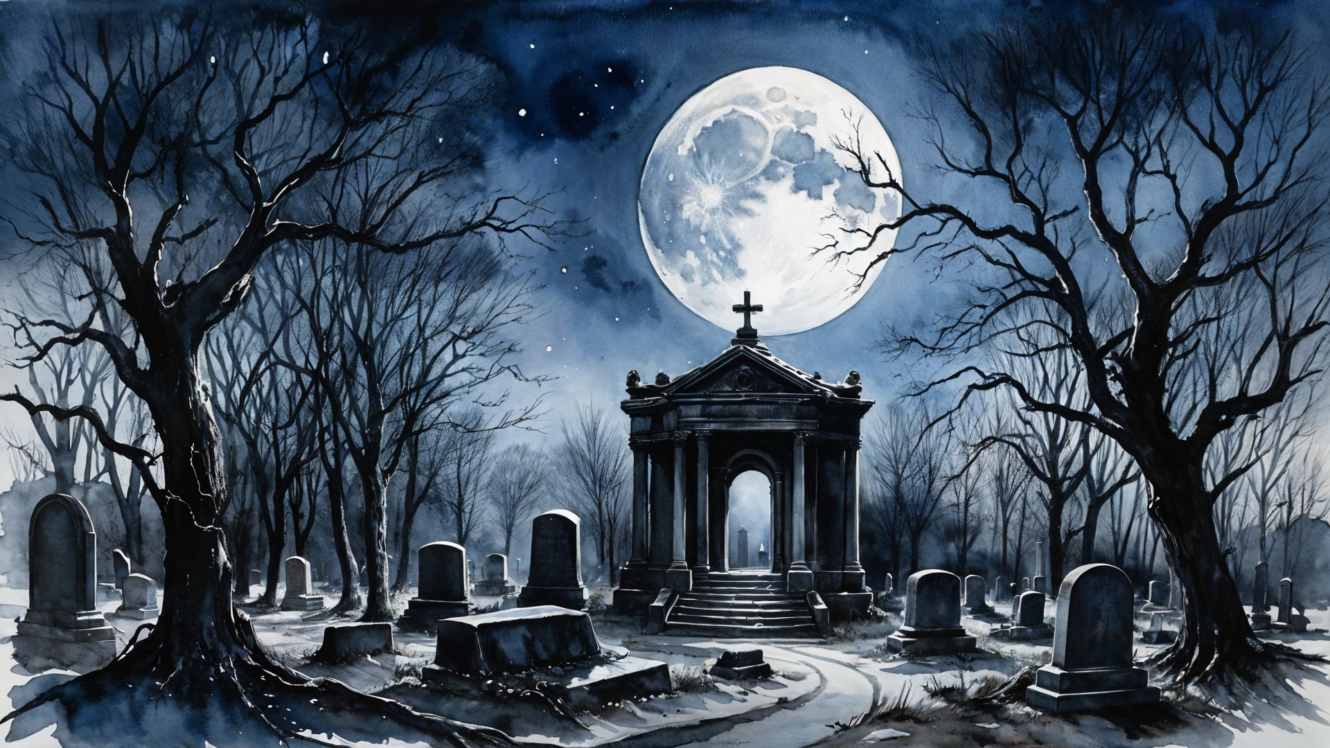 Cemetery Scene with Full Moon and Eerie Atmosphere