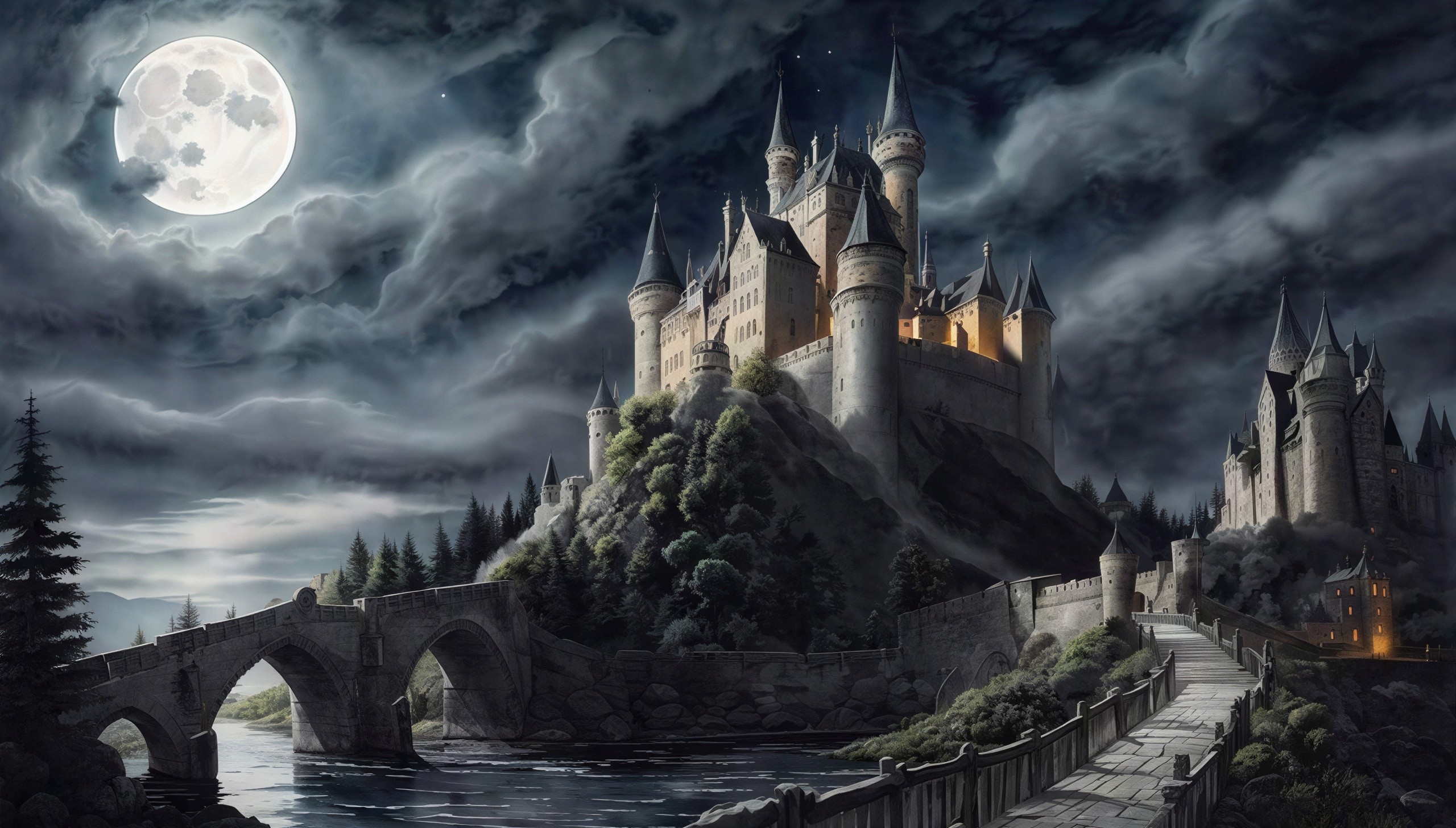 Elaborate Castle Complex Under Dramatic Night Sky