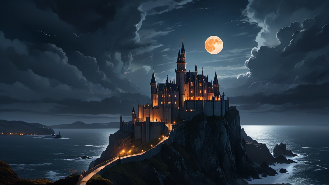 Castle on Cliff Under Moonlight with Dramatic Sky