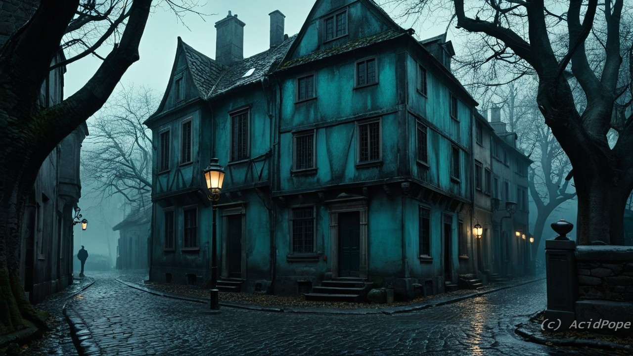 Foggy Cobblestone Street with Dilapidated House