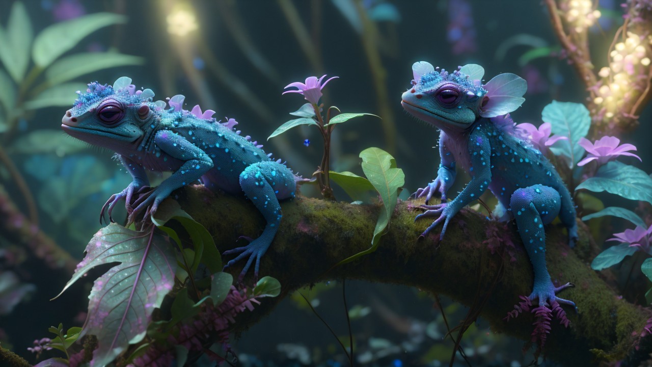 Vivid Frogs on Mossy Branch in Enchanted Forest