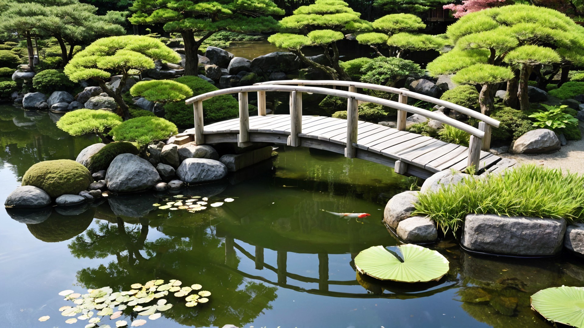 Tranquil Japanese Garden with Wooden Bridge and Pond