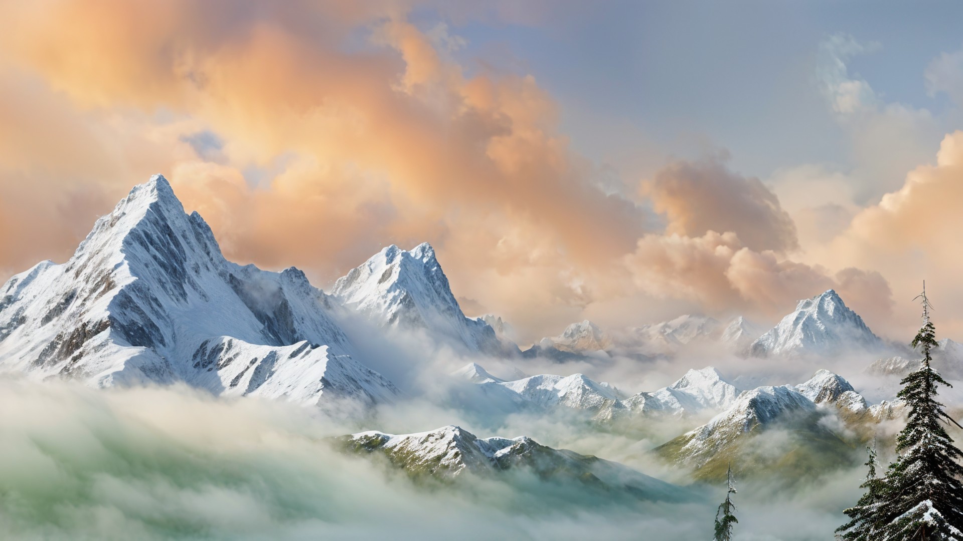 Snow-Capped Mountains with Pastel Sky and Evergreen Trees