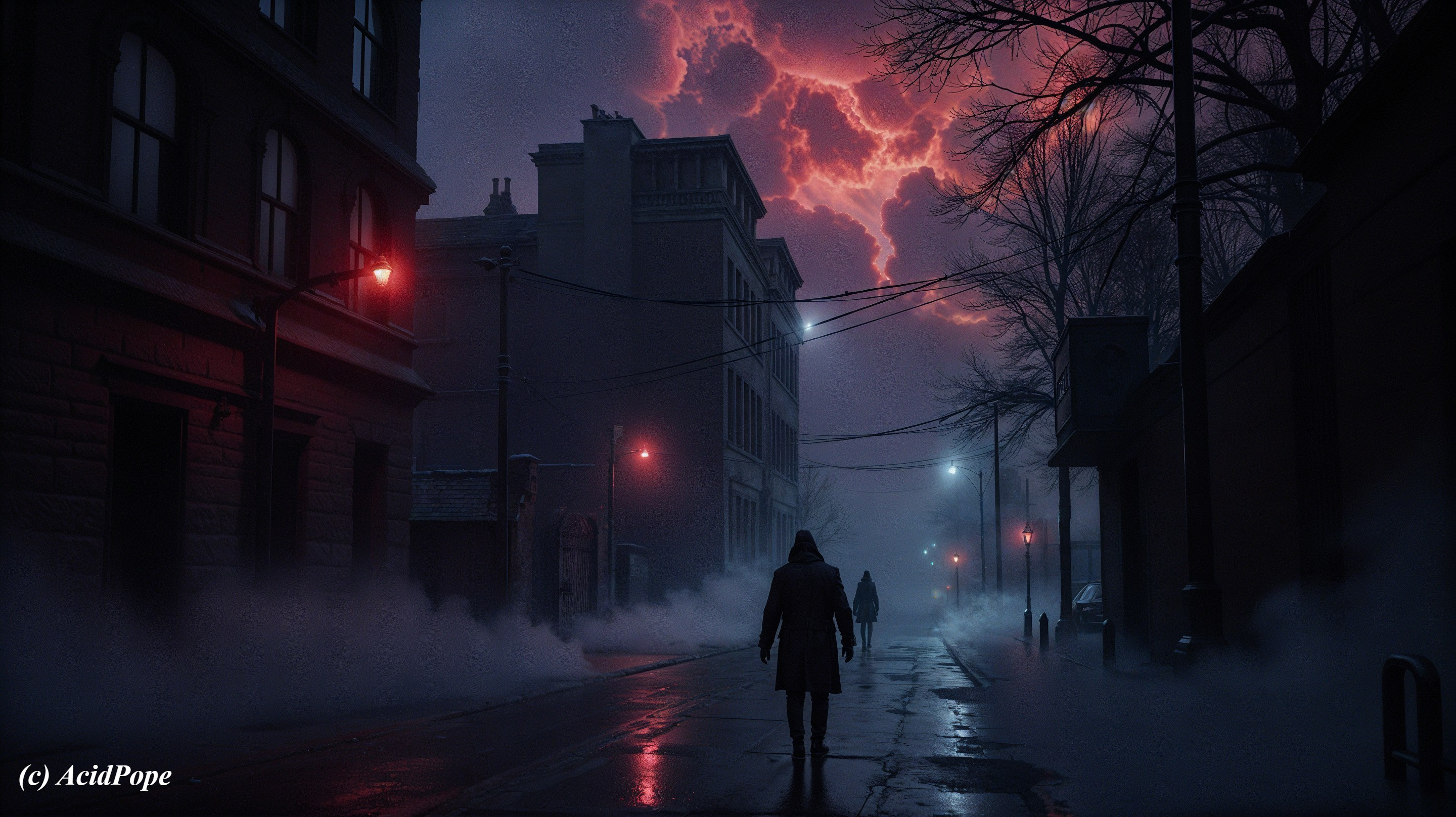Foggy Street Scene with Eerie Atmosphere and Shadows