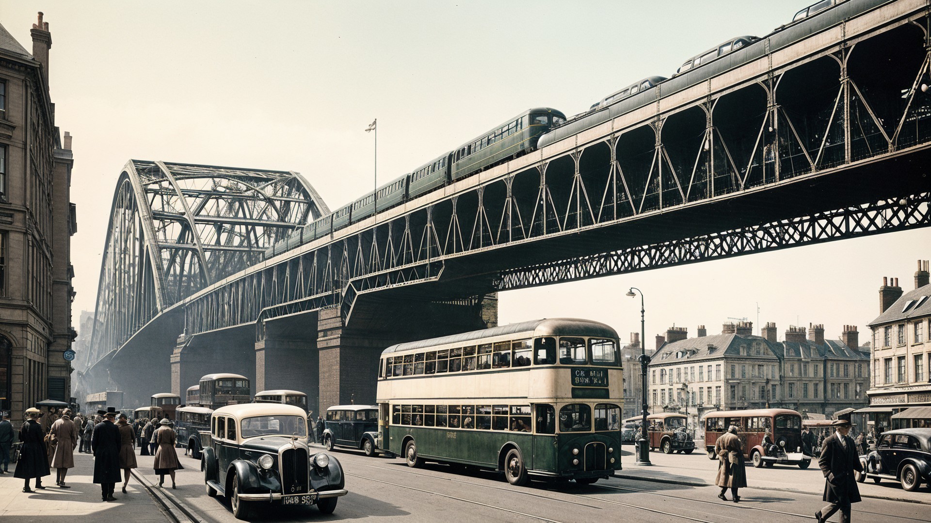 Vintage Street Scene with Classic Cars and Train