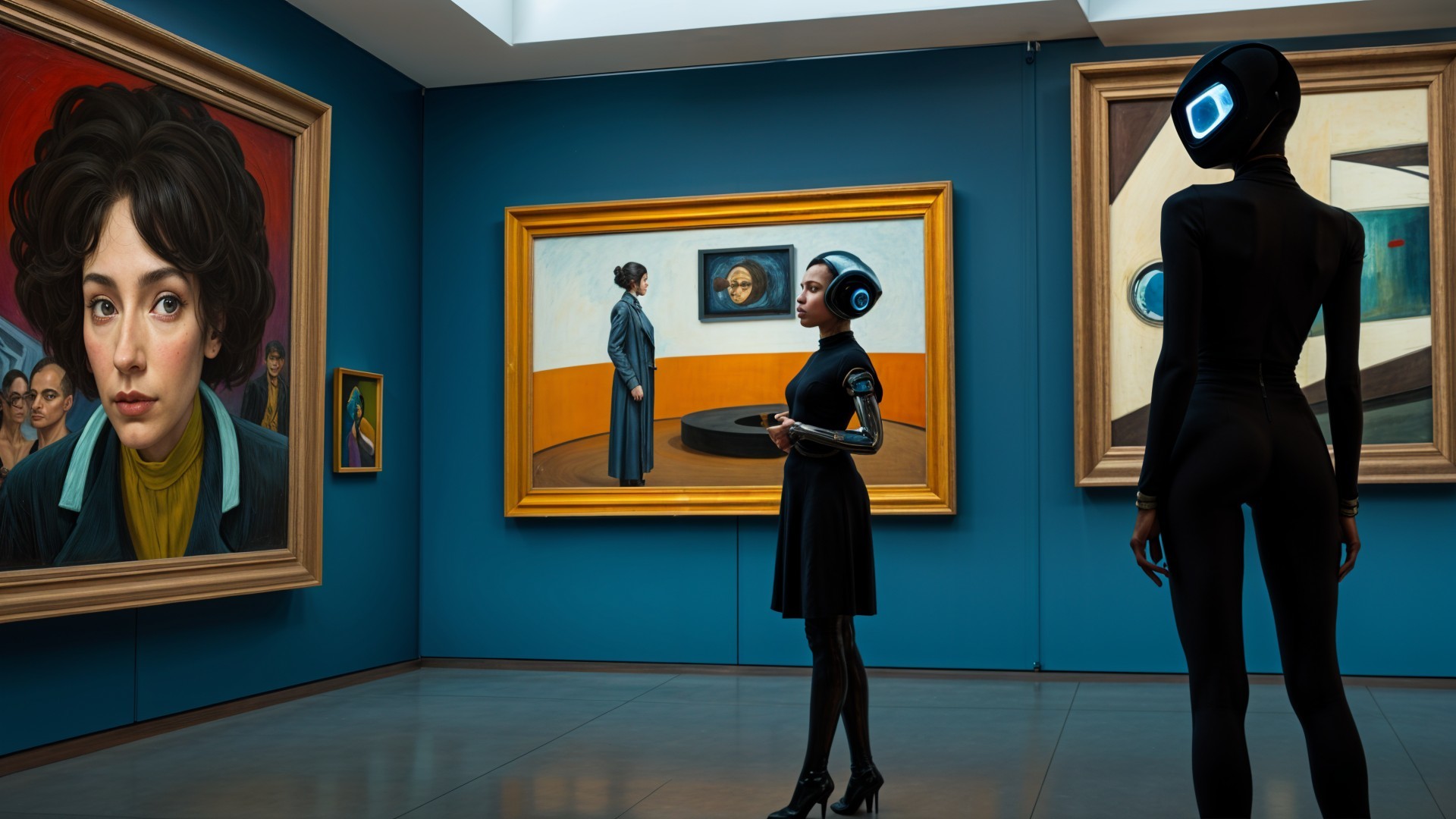 Modern Art Gallery with Futuristic Observers and Art