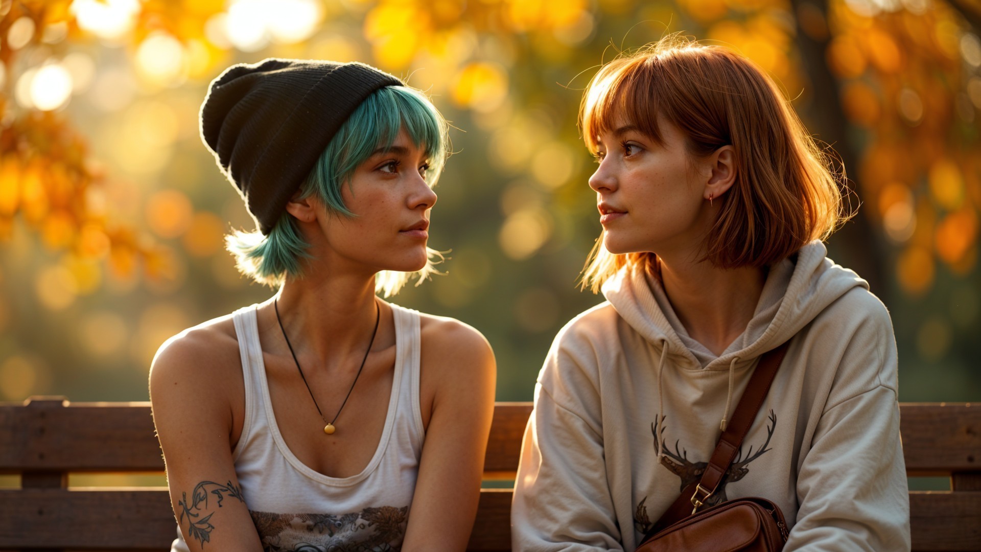 Young women on a bench surrounded by autumn leaves
