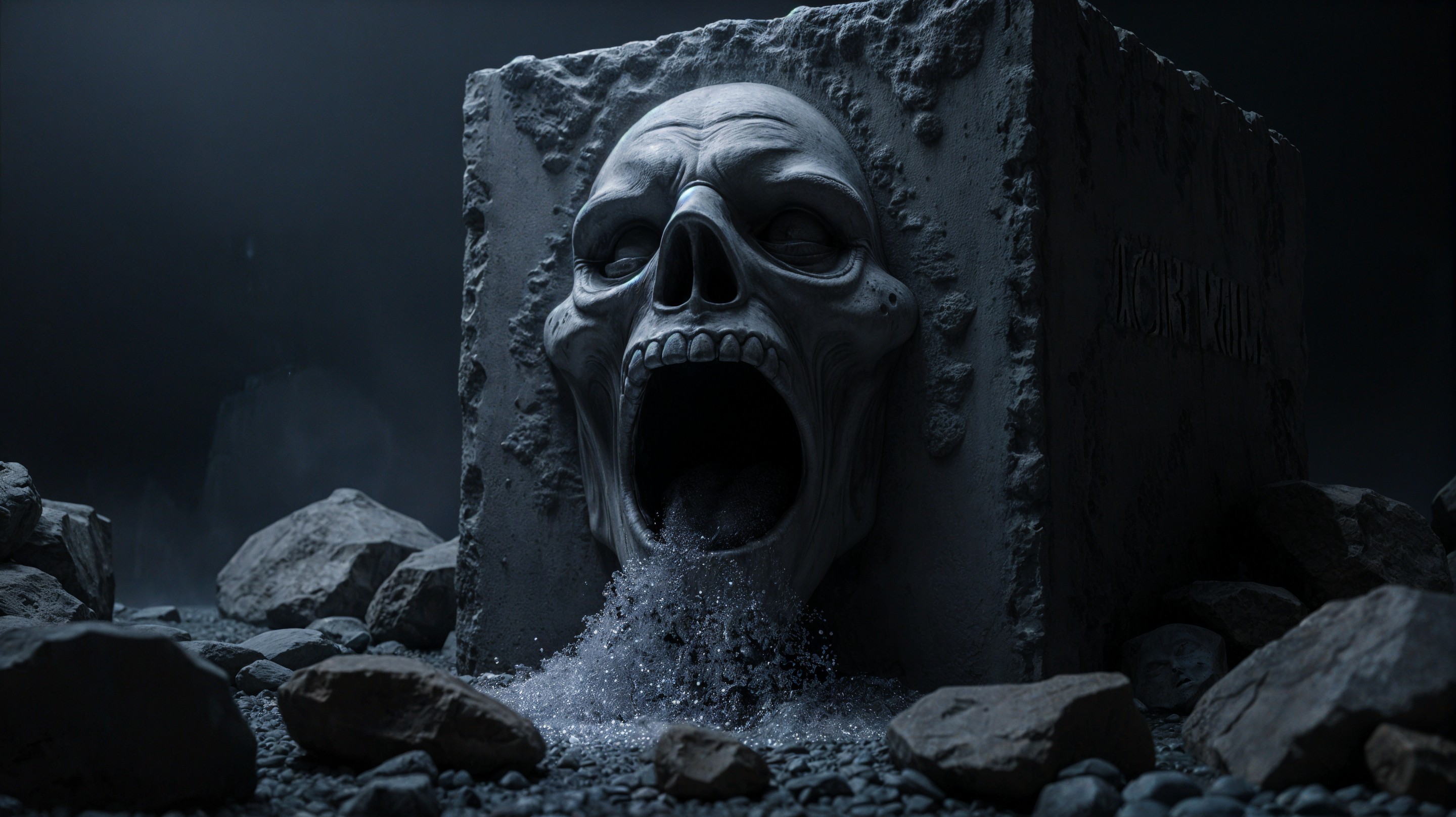 Dramatic Skull Sculpture with Cascading Water Effects