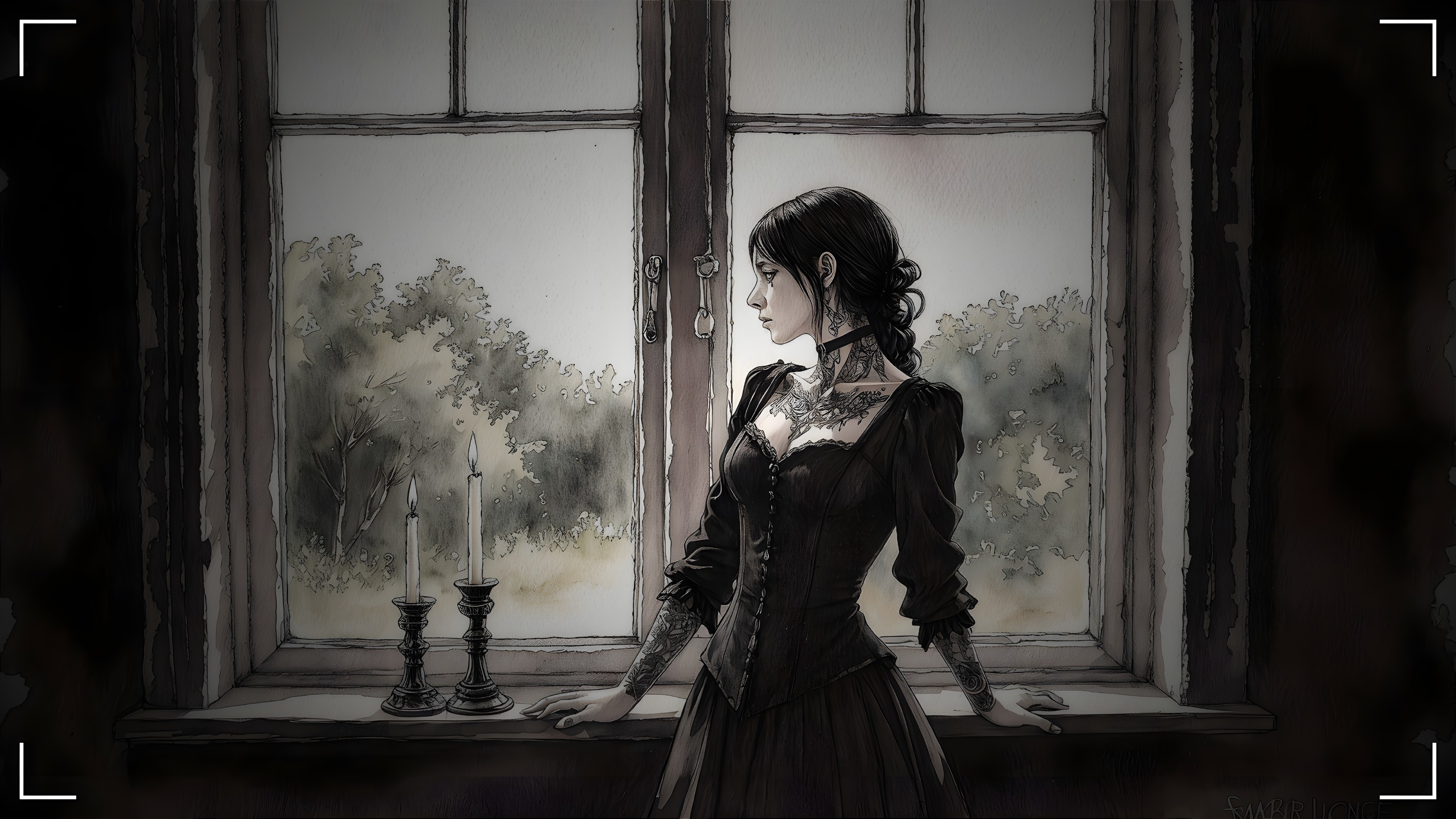 Somber Woman by Window with Tattoos and Candles