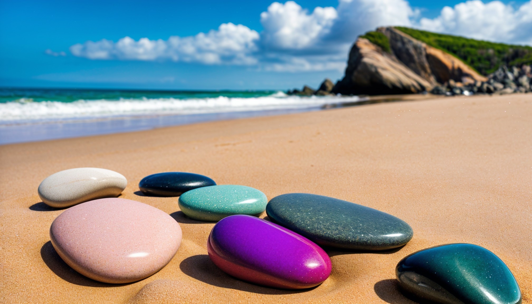 Colorful Stones on Sandy Beach with Coastal Landscape