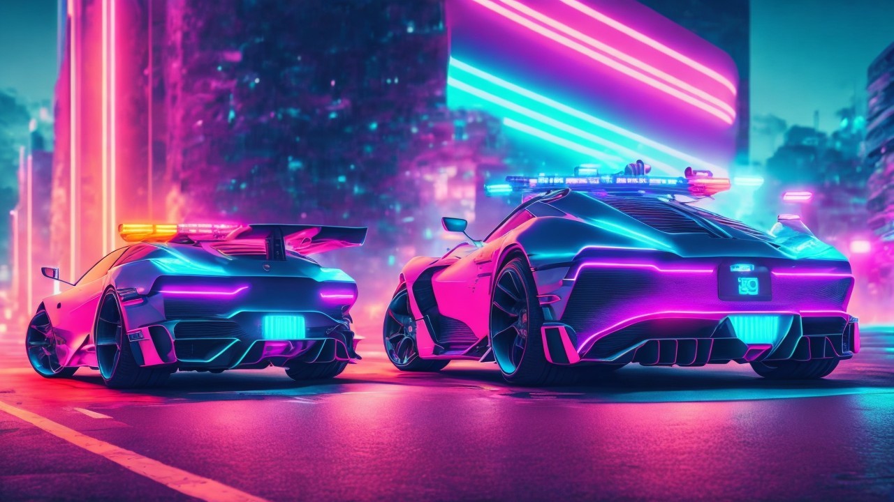 Futuristic cityscape with neon lights and high-tech cars