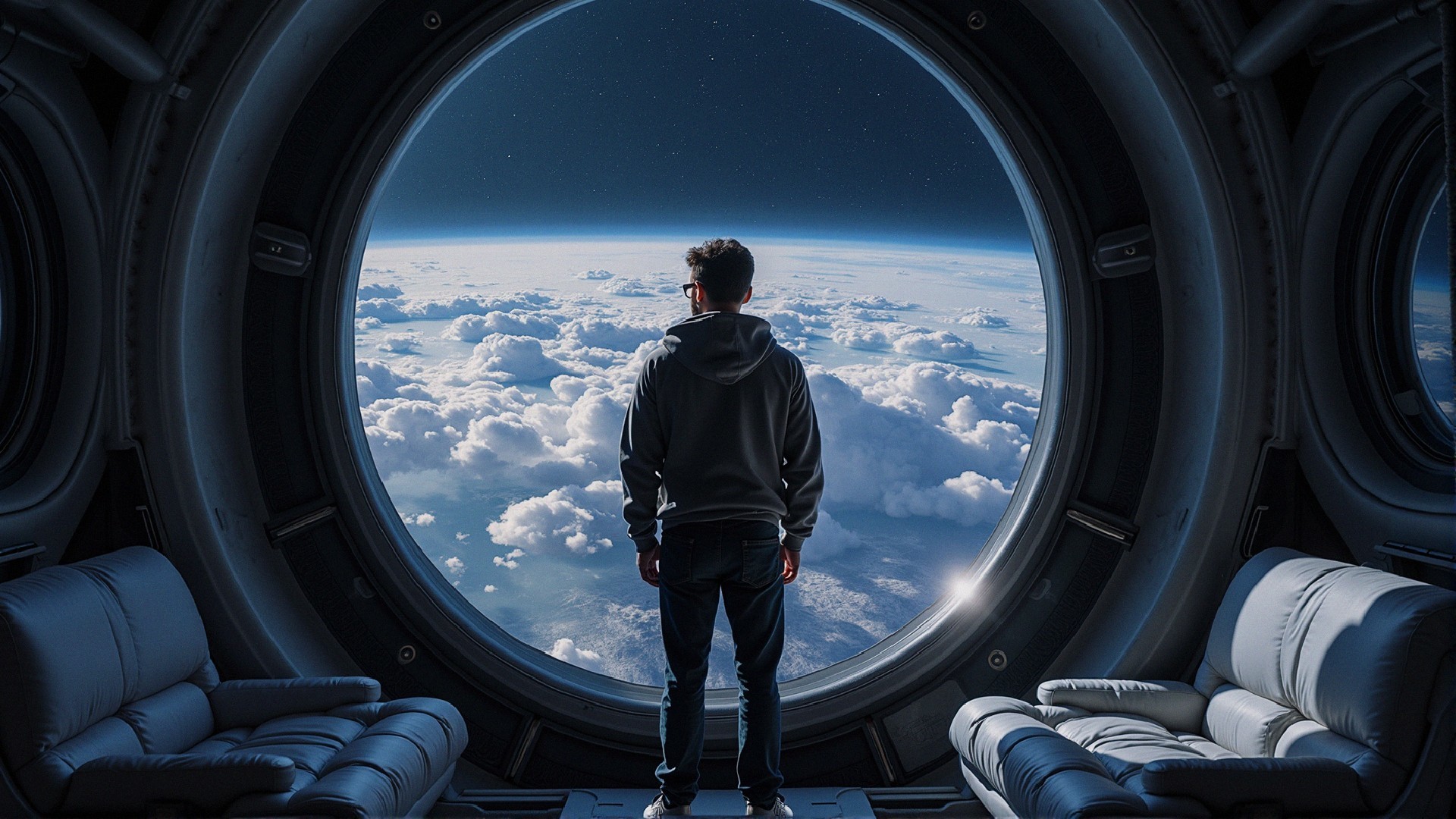 Person gazing at Earth from a circular window in space