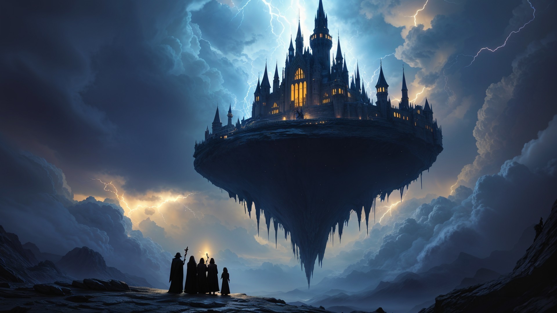 Dramatic Scene of a Floating Castle in Stormy Sky