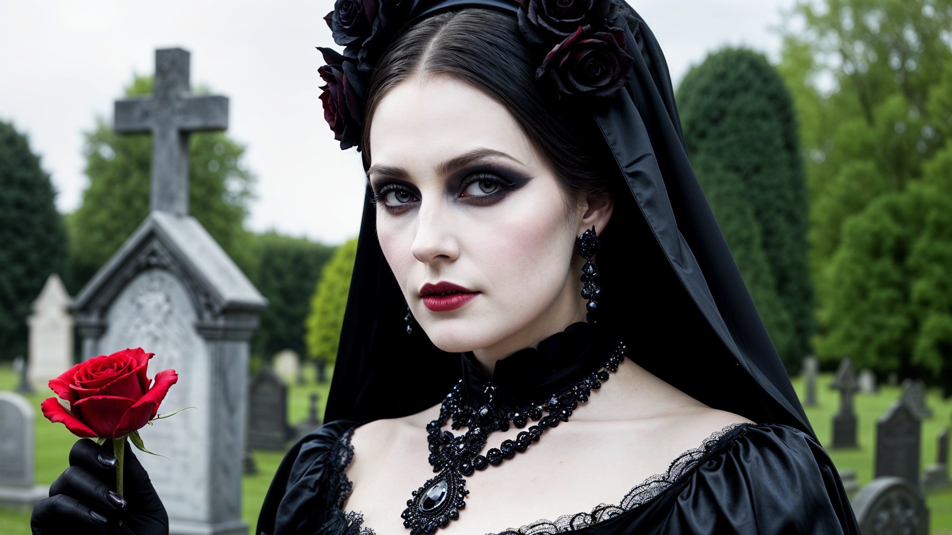 Gothic Elegance in a Haunting Cemetery Scene