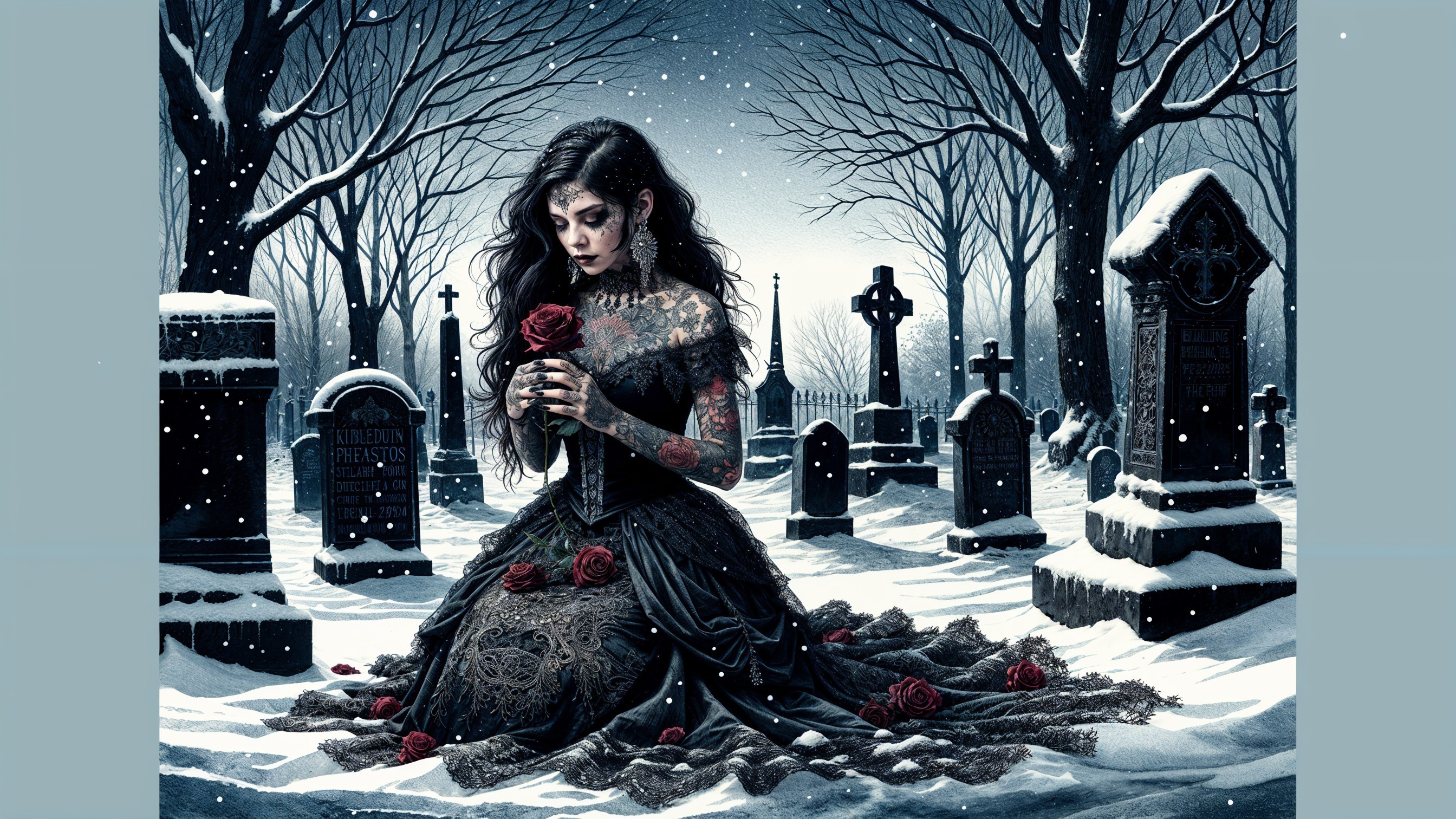 Woman in dark gown kneels in snowy graveyard with rose