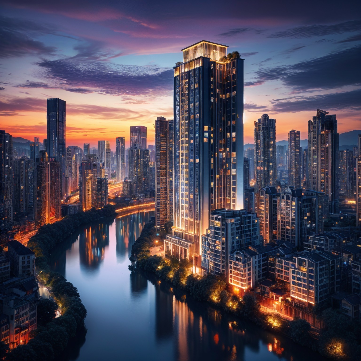 Illuminated Skyline with River at Dusk