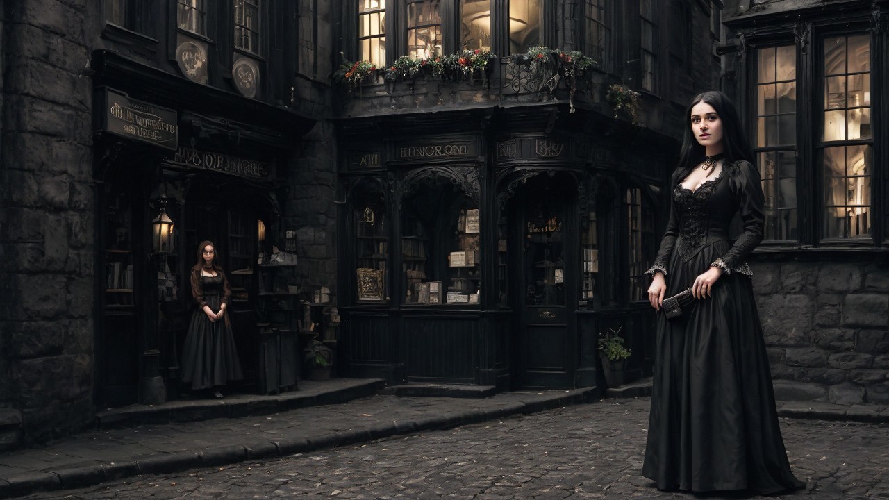 Elegant Figures on a Cobblestone Street by Bookstore