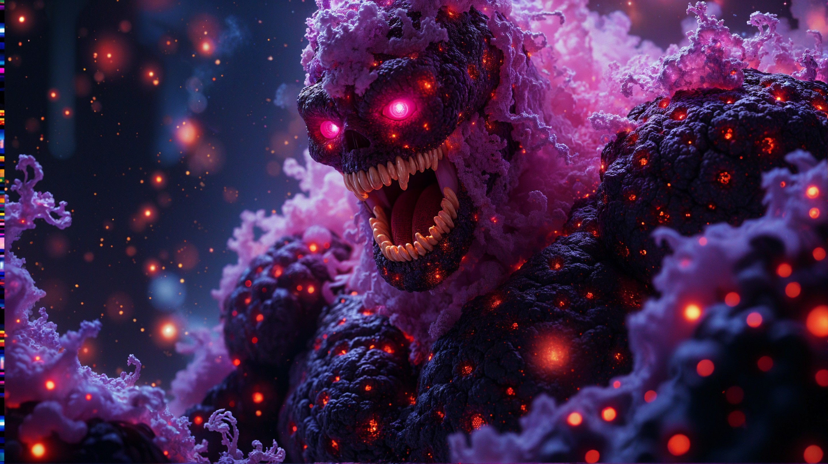 Monstrous figure of purple and black energy with cracks
