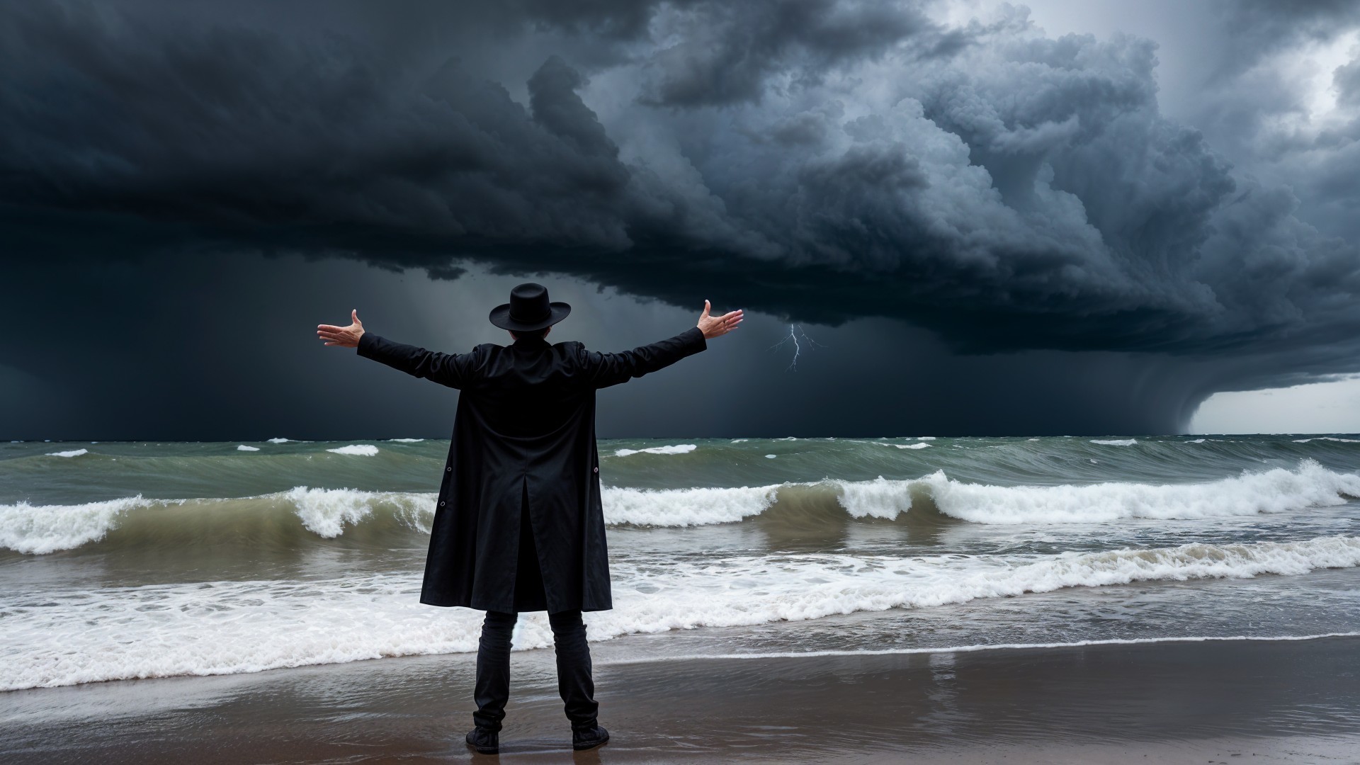 Mysterious Figure on Beach Amid Stormy Skies