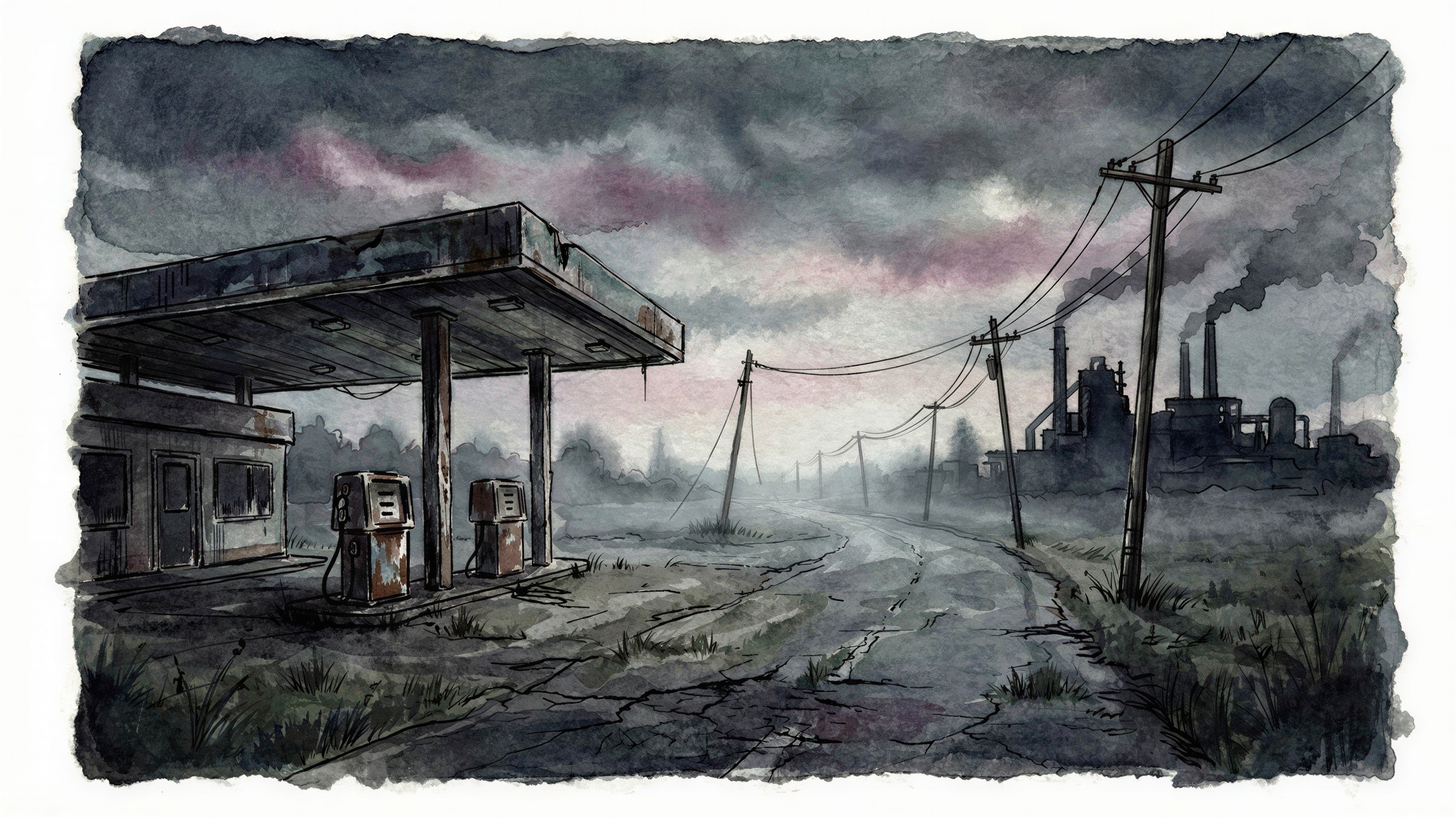 Post-Apocalyptic Landscape with Abandoned Gas Station