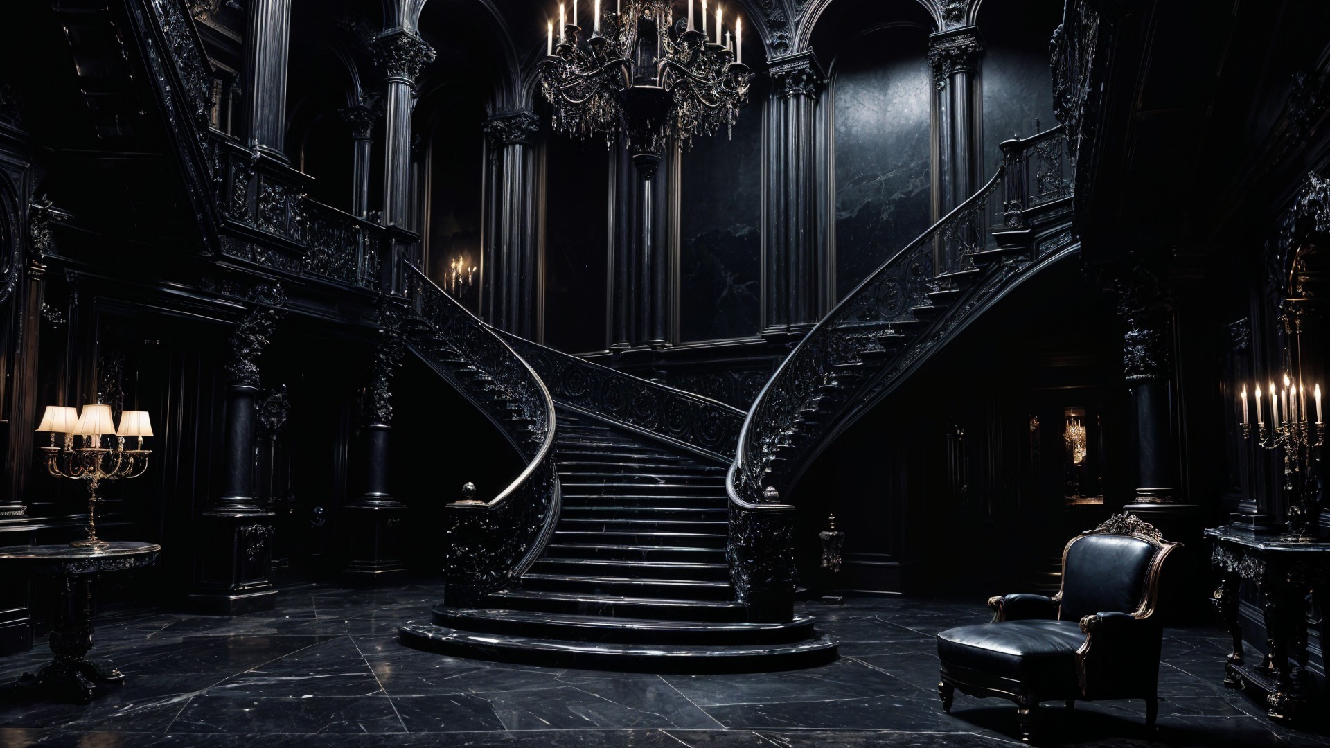 Opulent Black Marble Staircase in Dimly Lit Foyer