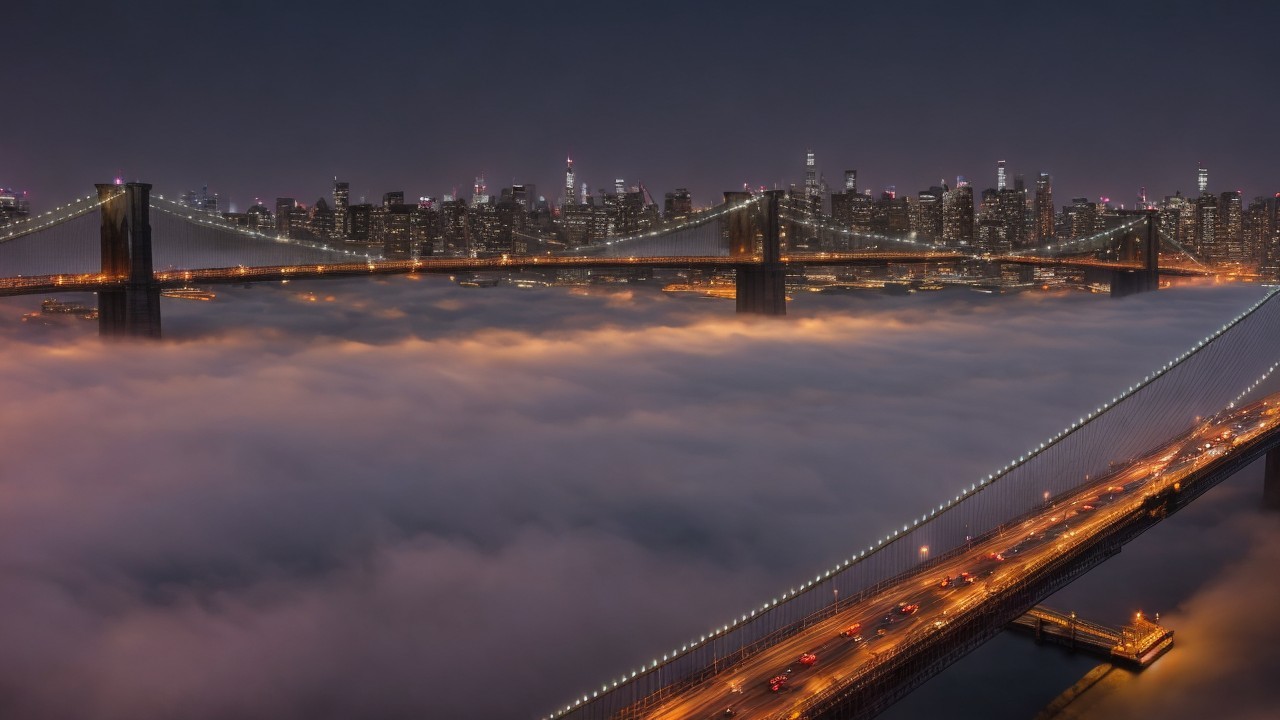 Night View of Bridge Over Fog with City Lights