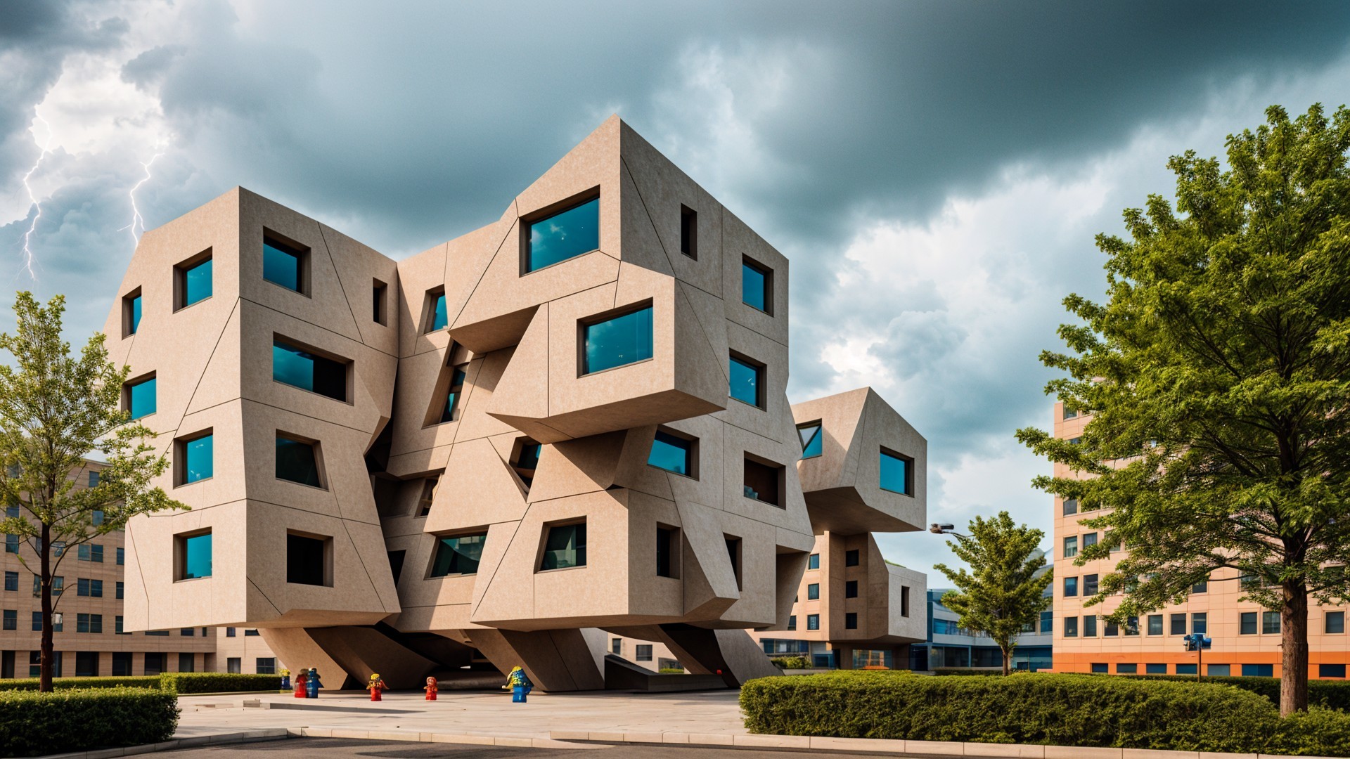 Modern Building with Geometric Design and Dramatic Sky