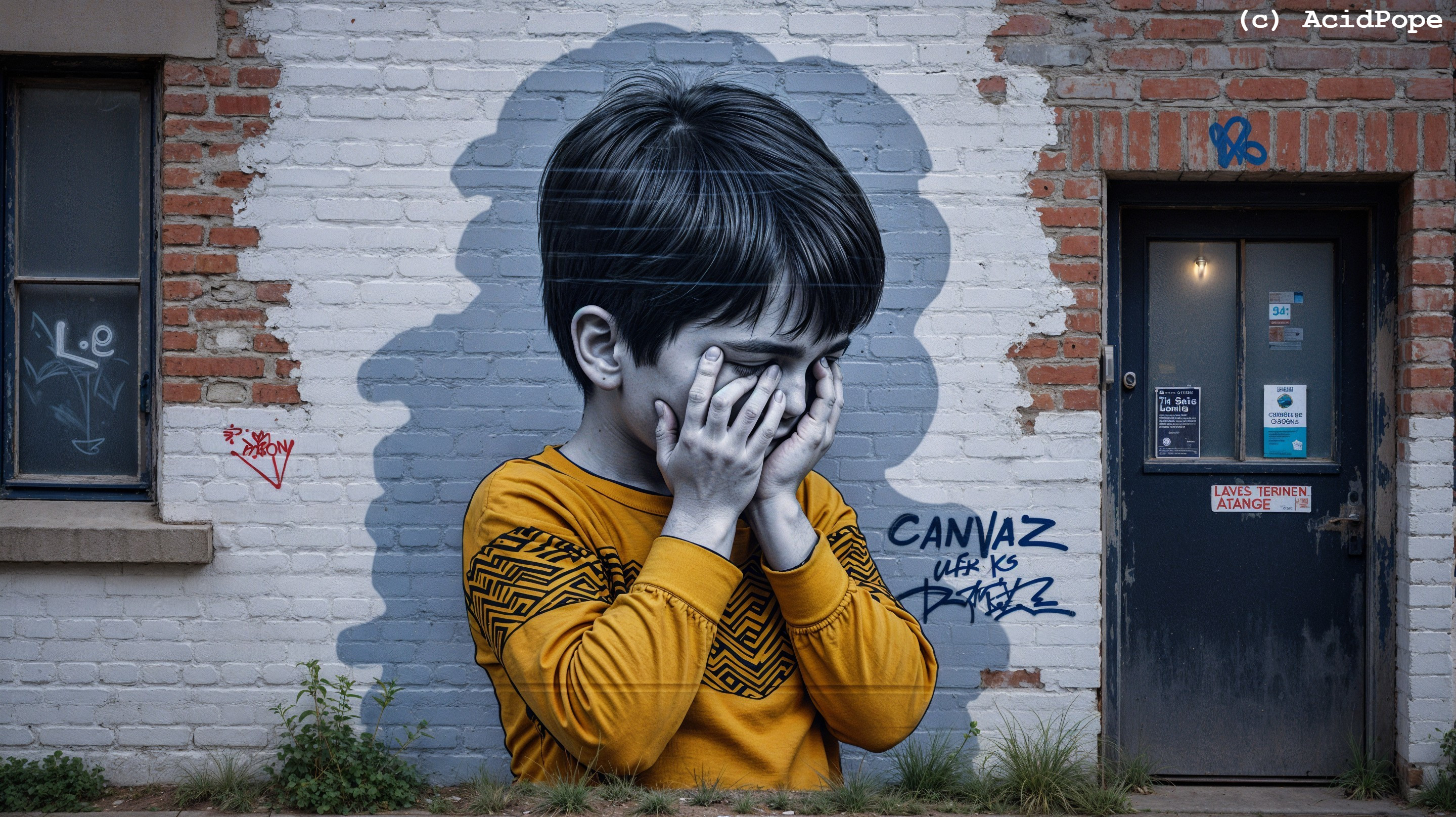 Mural of a Boy in Distress with Urban Background