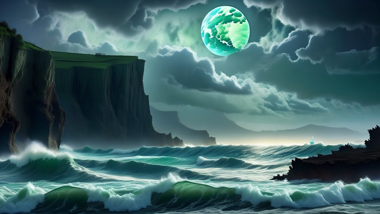 Dramatic Seascape with Cliffs and Luminous Moon