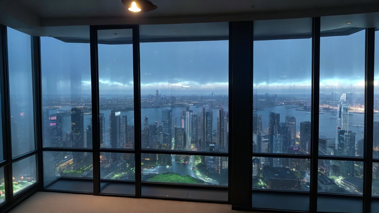 Panoramic Cityscape View from High-Rise Building at Dusk
