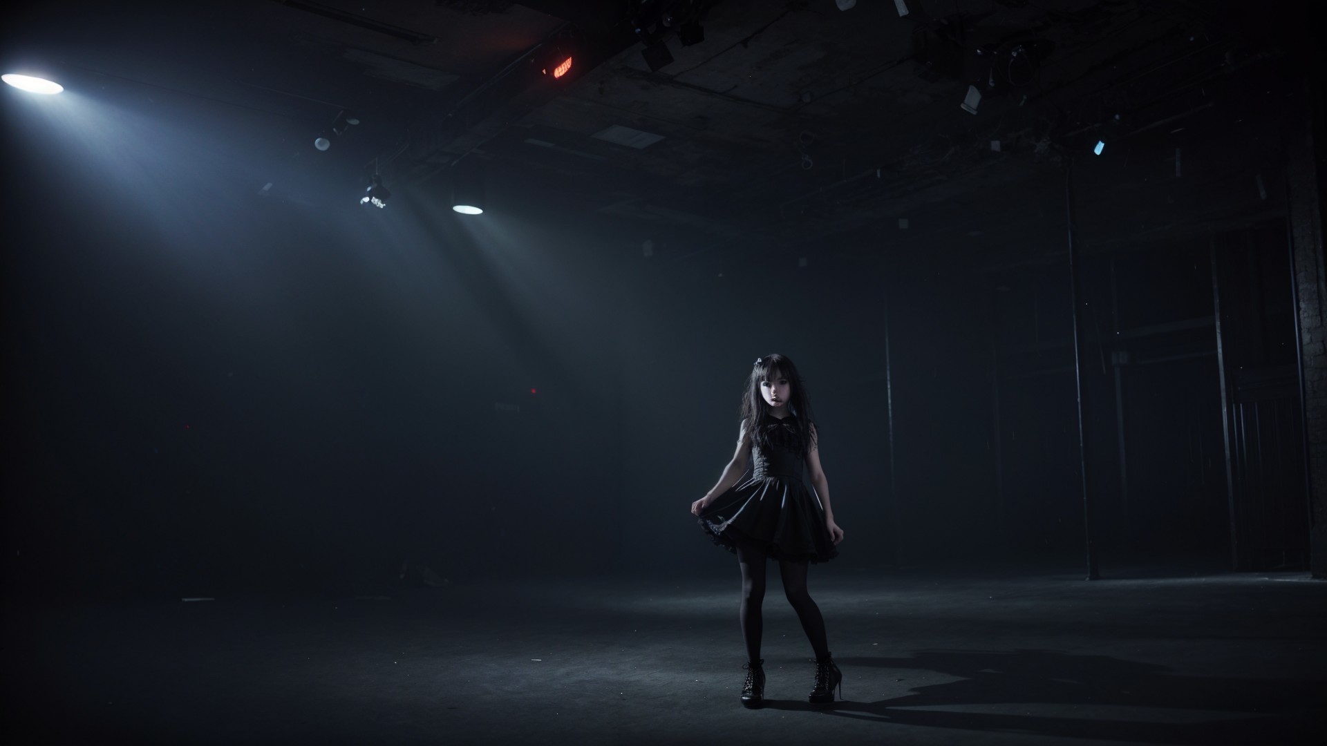 Young girl in black dress twirling on dim theater stage