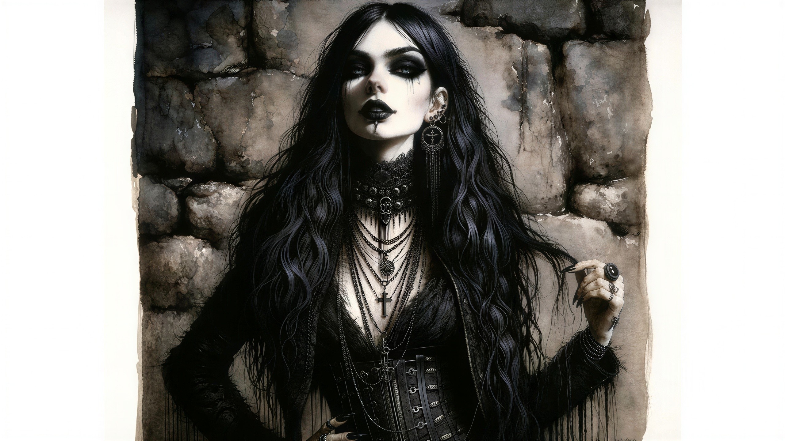 Goth Woman Portrait Against Stone Wall Background
