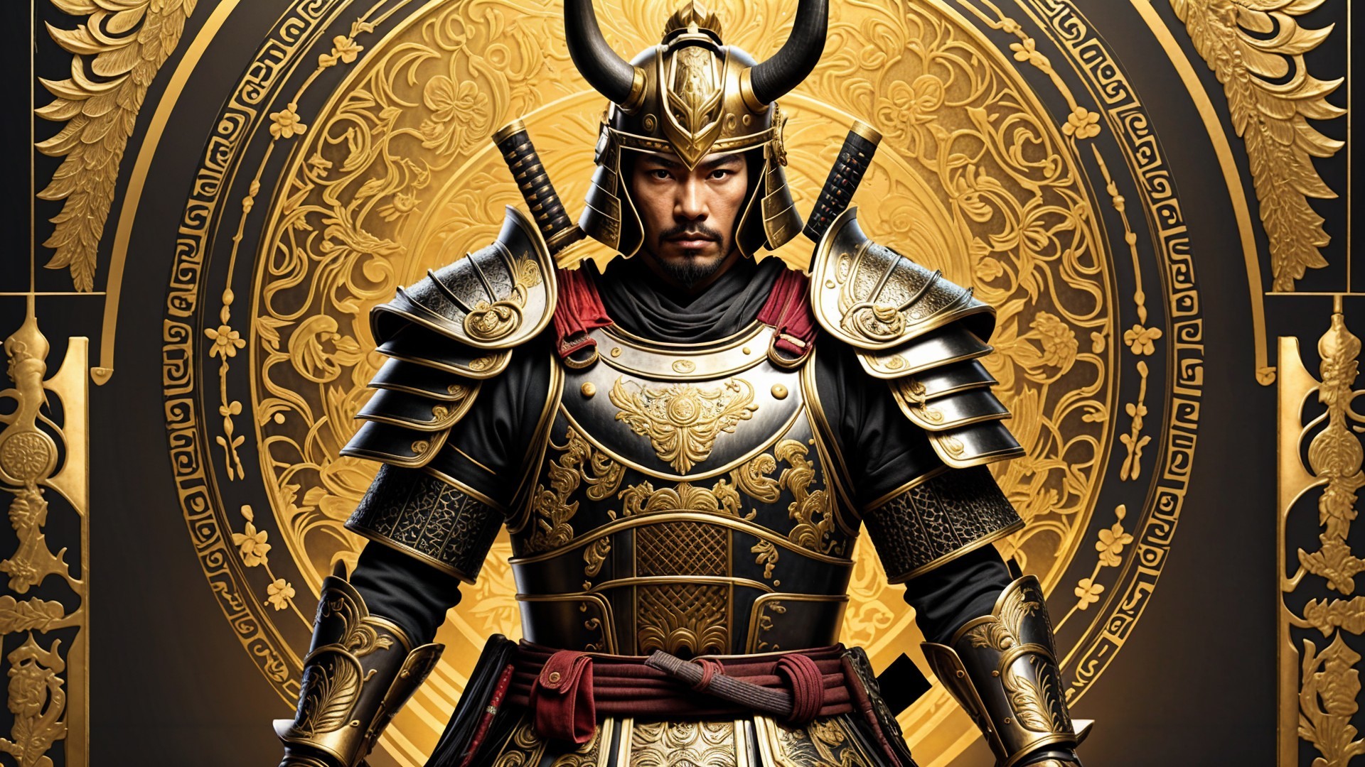 Samurai in Ornate Armor with Gold Patterns and Motifs