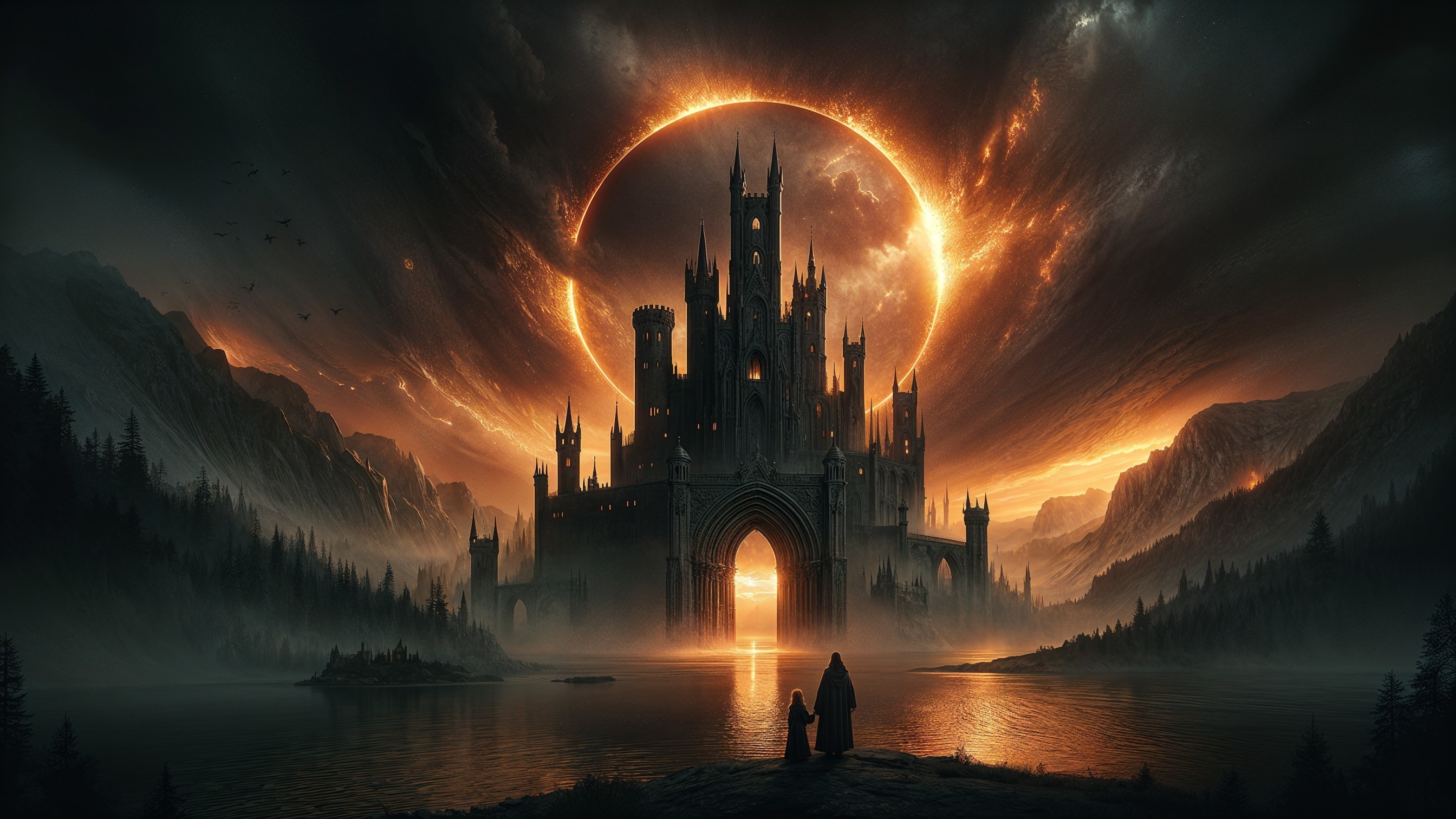 Majestic dark castle under dramatic sky and lake