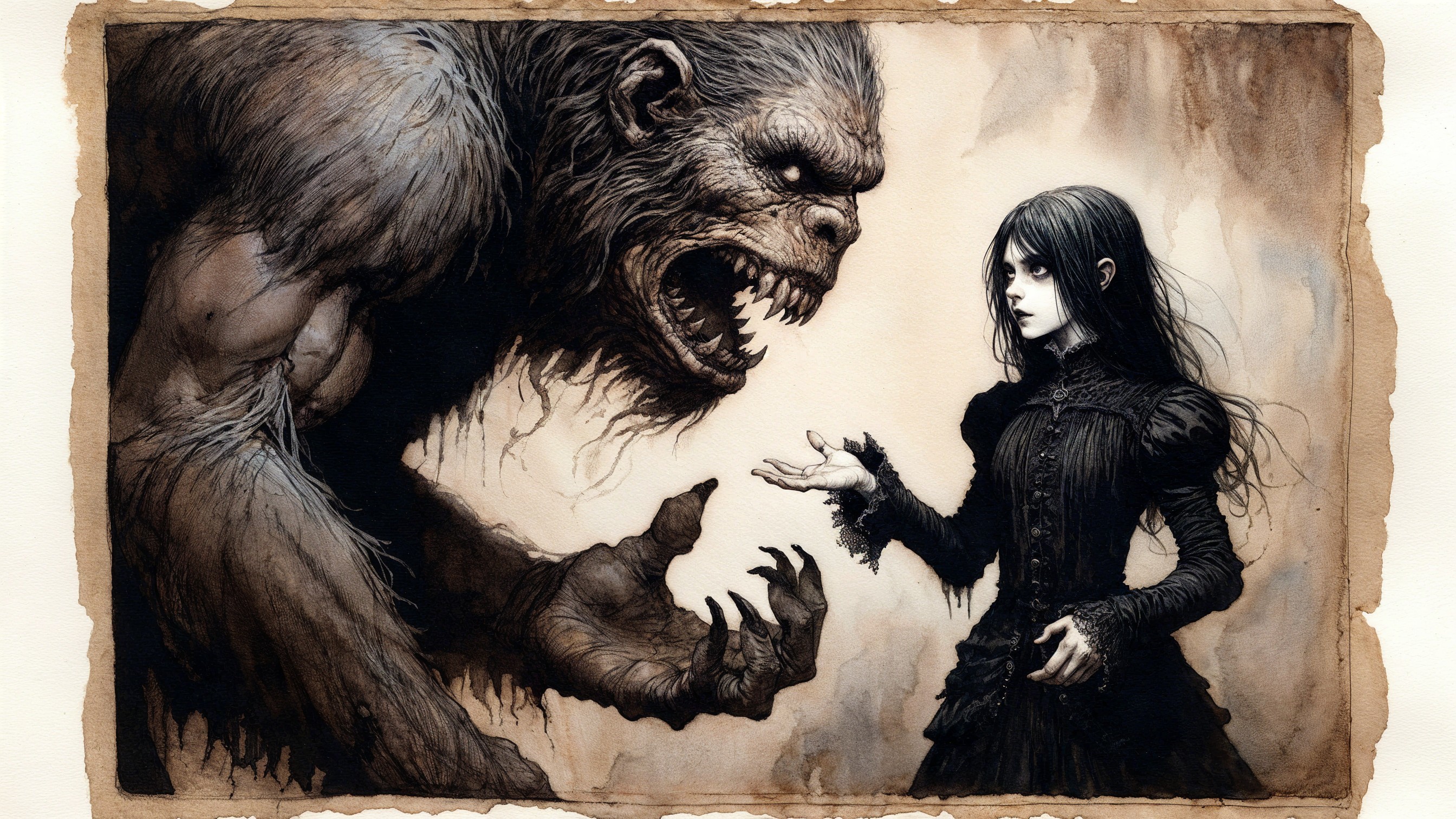 Monstrous Creature and Victorian Girl in Tense Scene