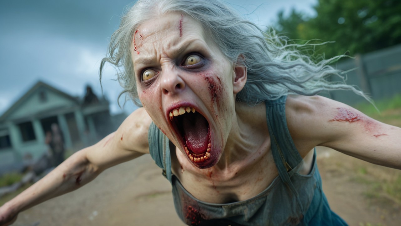 Grotesque Aged Figure in Tattered Blue Dress